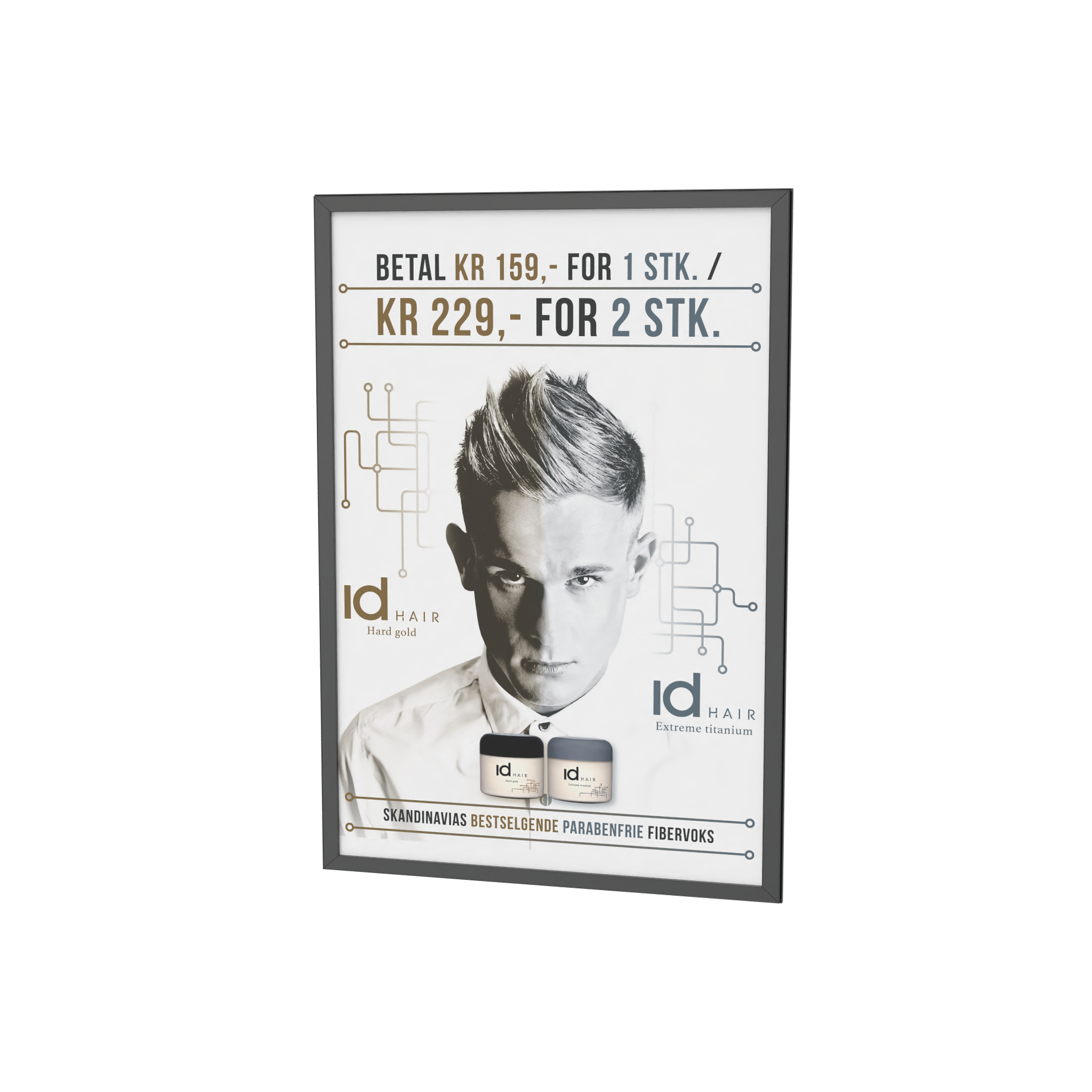 Advertising poster for hair dye products, showing a black-and-white image of a young man with styled hair, prices for one and two pieces, and product information in Norwegian.