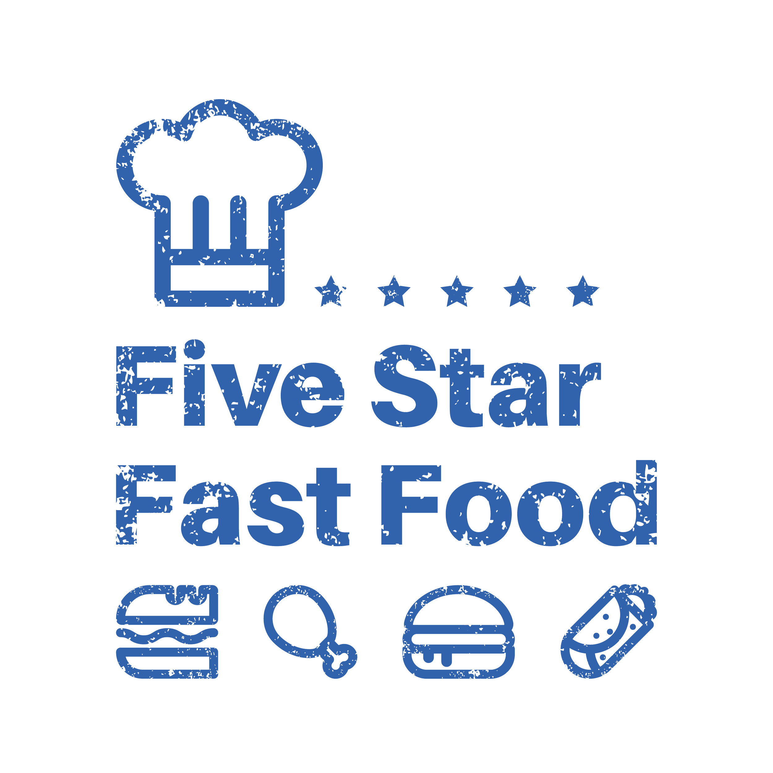 Logo for Five Star Fast Food featuring a chef's hat, five stars, and icons of a burger, chicken drumstick, burger, and pizza.