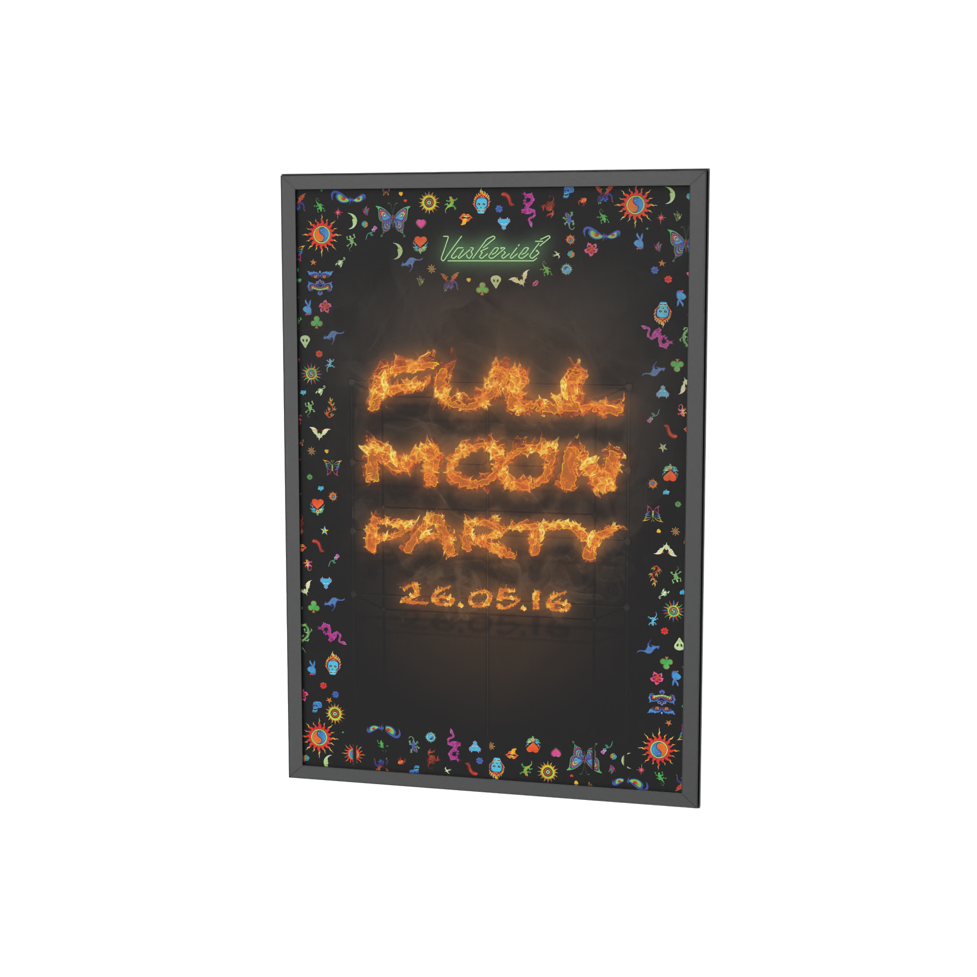 A neon sign with the words 'FAIR MOON PARTY' written in fiery letters, along with the date 26.05.16, surrounded by colorful decorative elements on a black background.