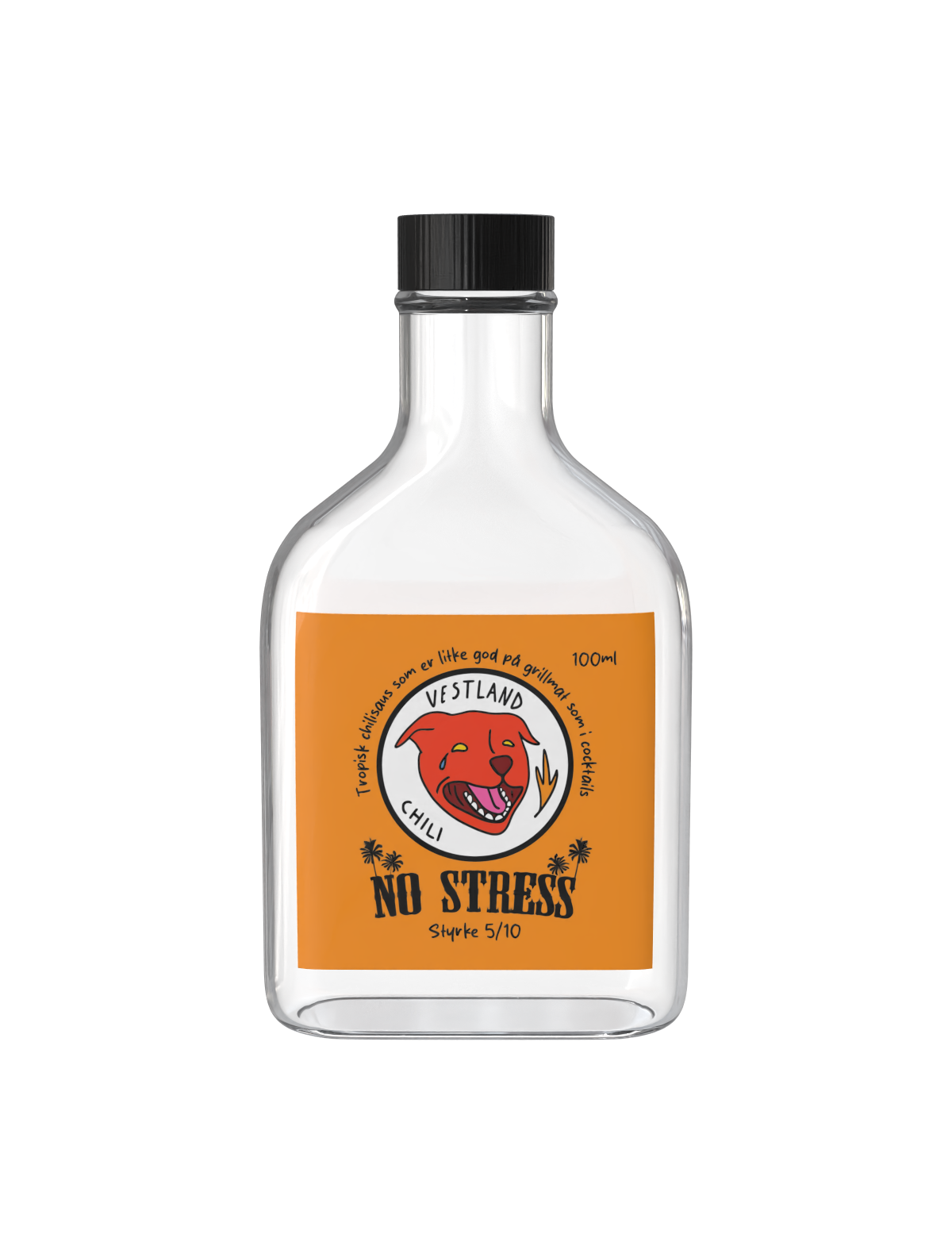 A clear glass bottle with a black cap, containing a pink liquid. The label on the bottle features a red cartoon dog crying, with a speech bubble and text that reads 'NO STRESS.' The label also includes the words 'VESTLAND,' 'Chili,' and 'Tropisk civi