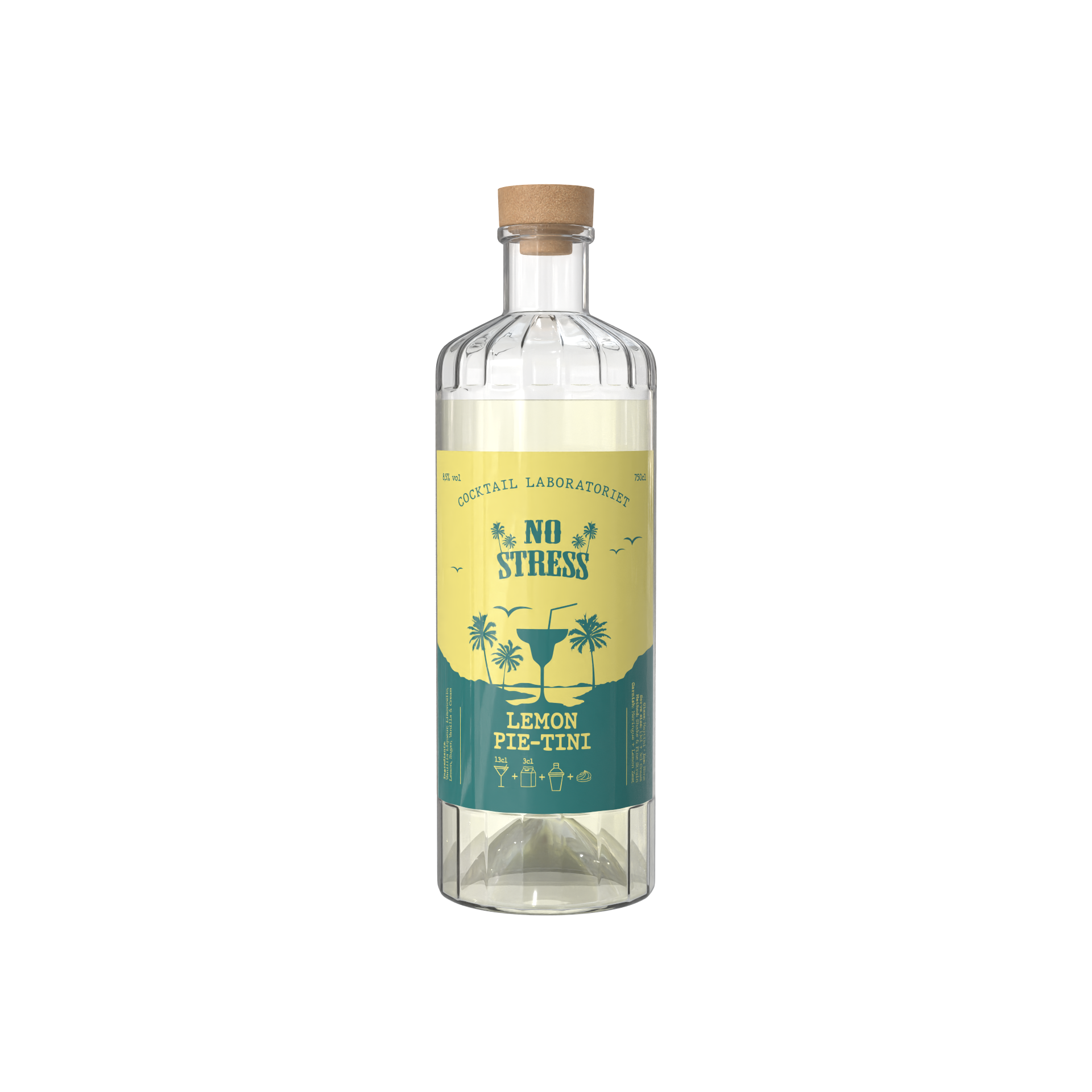 A clear glass bottle labeled 'No Stress Lemon Pie-Tini', with a cork stopper, containing a yellow liquid, designed as a cocktail mixer with tropical-themed graphics.