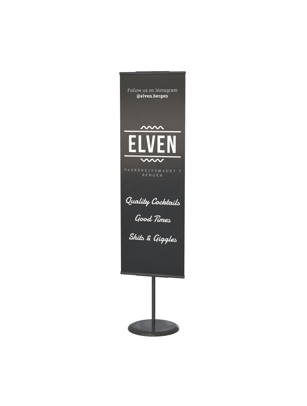 Sign for Elven bar in Bergen with social media handle, address, and slogan promoting cocktails, good times, and laughs.