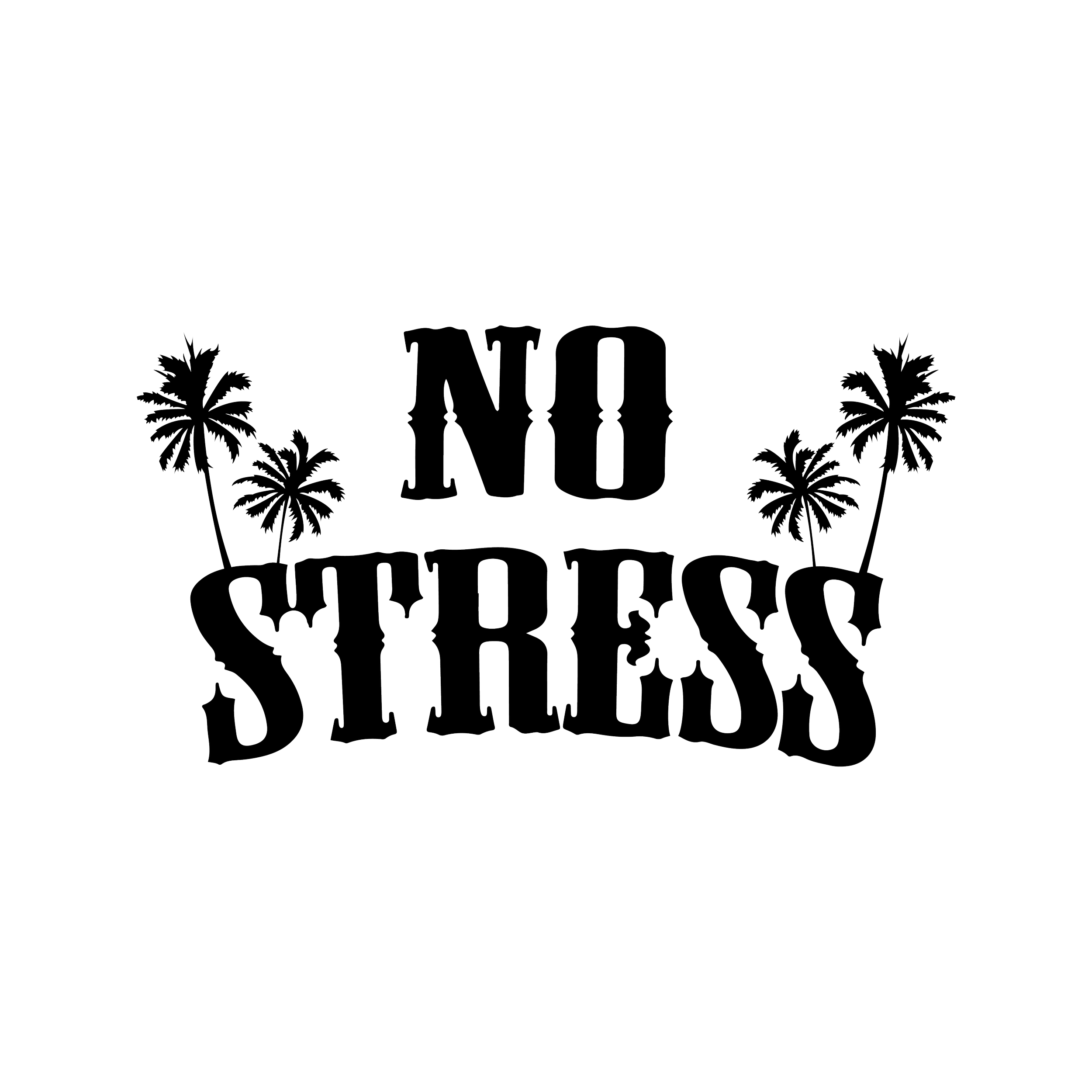 Outline of the words 'NO SIRESSS' with palm trees on top and around, against a black background.