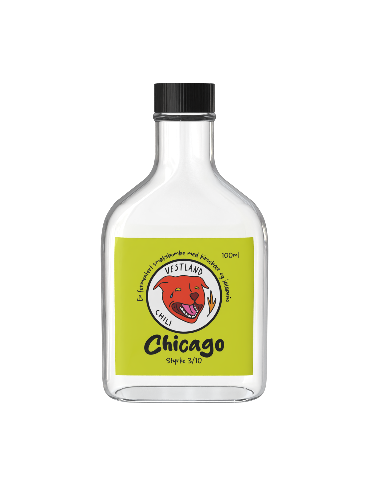 A clear glass bottle with a black cap, labeled 'Chicago' hot sauce, featuring a cartoon dog logo and a bright yellow background.