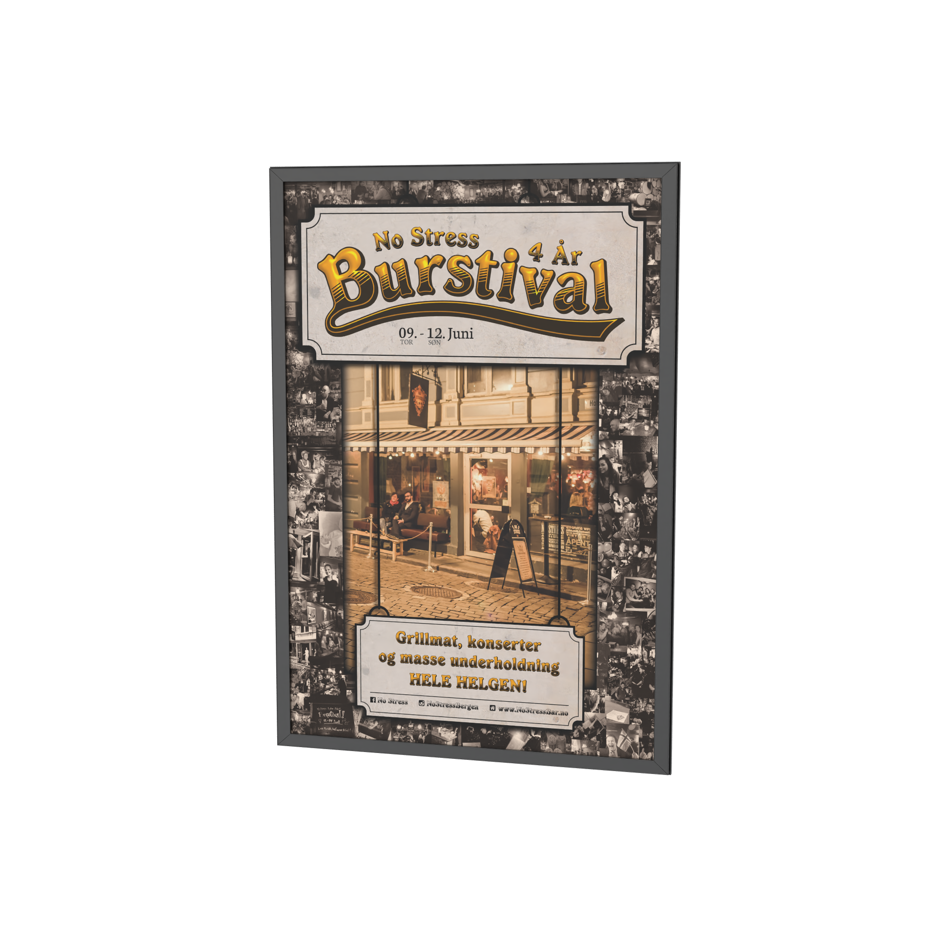 Poster advertising a four-year event called 'No Stress Burstival' from June 9-12, with a background photo of a cafe with people sitting outside, and smaller black-and-white photos around the border.