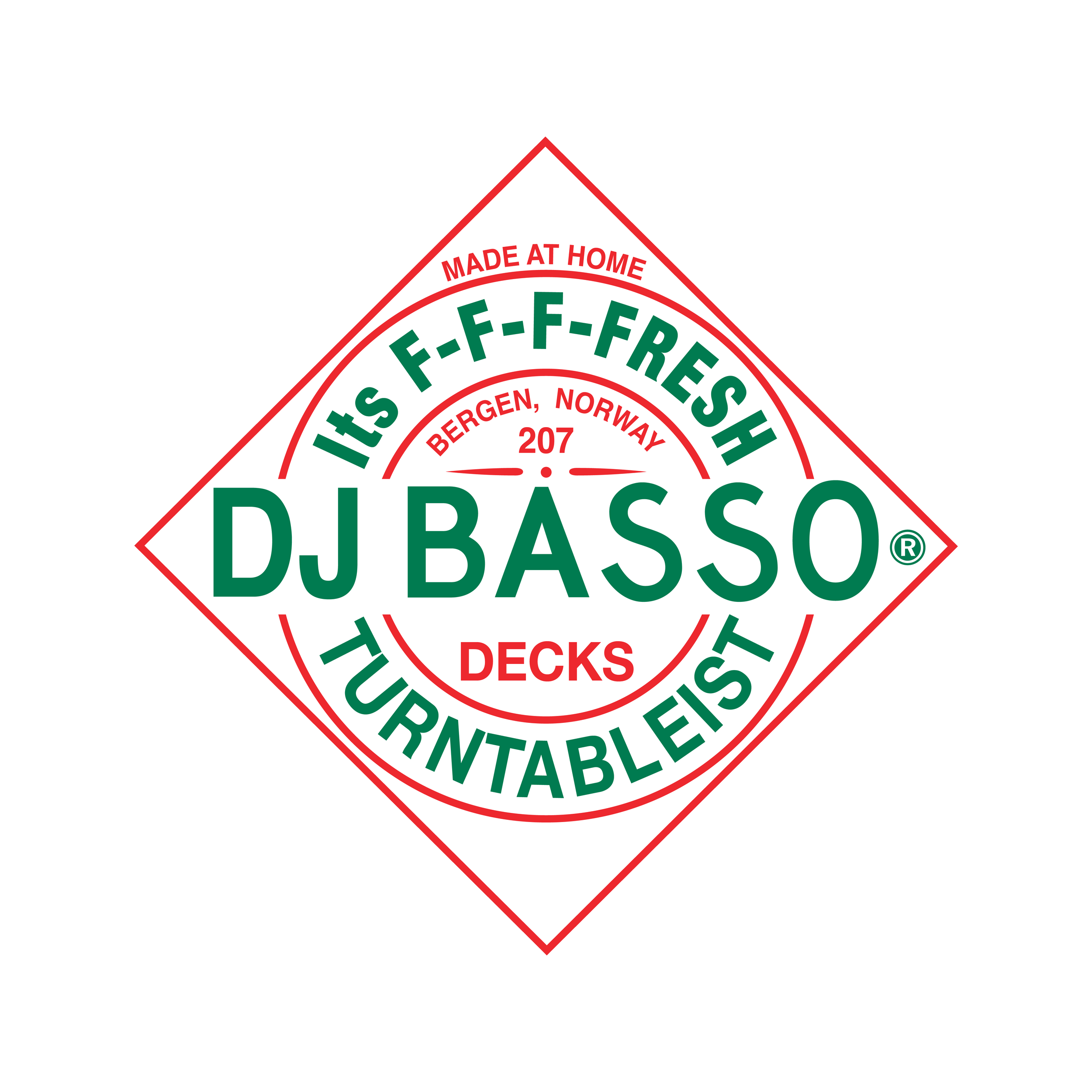 A logo with a diamond shape, displaying text about DJ Basso, a Norwegian chef specializing in homemade, fresh, and turntable decks, with references to Bergen, Norway, and a focus on fresh, homemade ingredients.