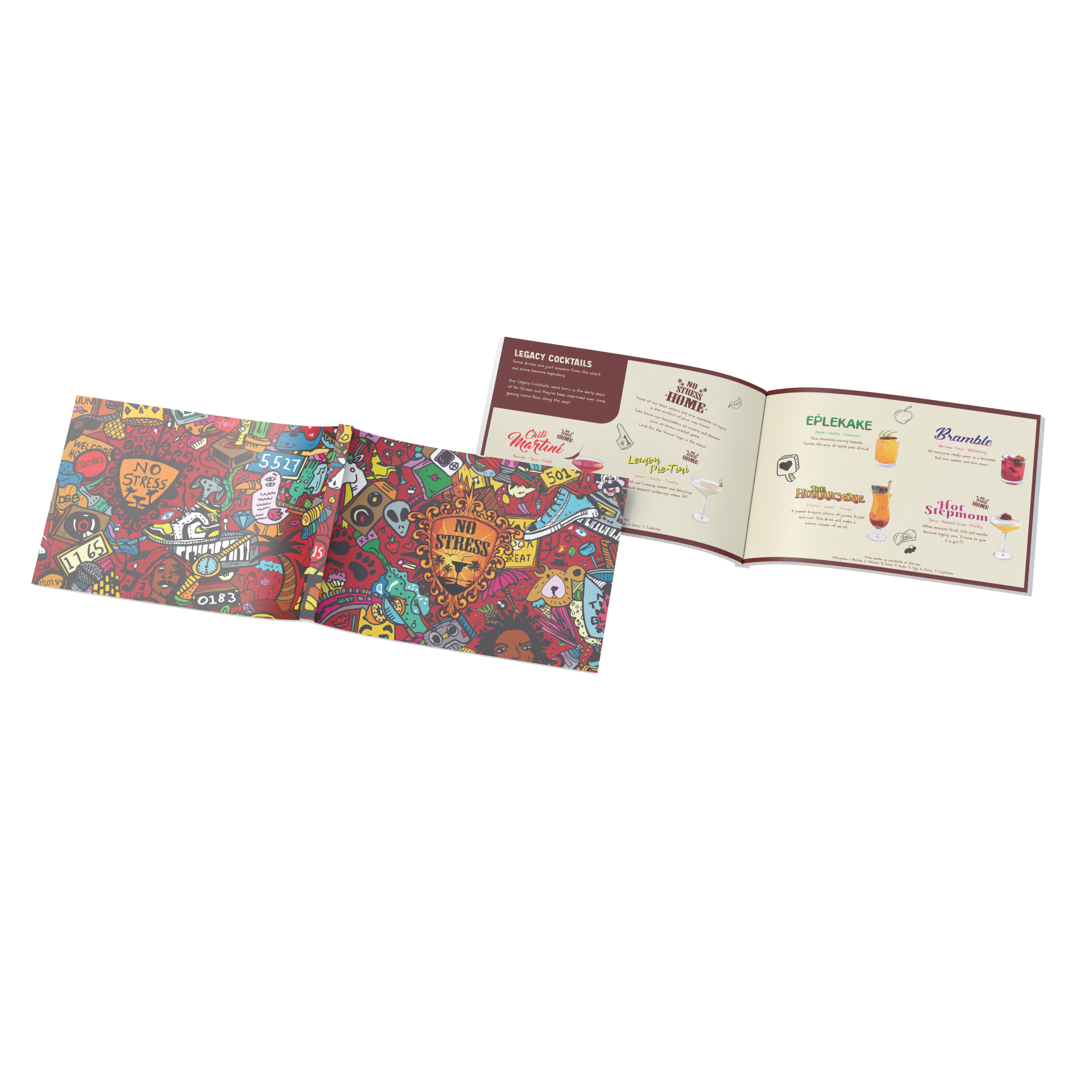 Colorful travel-themed box with the words "No Stress" and a design of various illustrated items, next to an open booklet displaying cocktail recipes with names, ingredients, and illustrations.