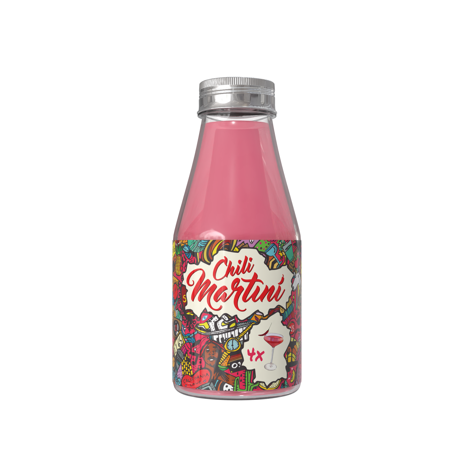 A glass bottle labeled 'Chili Martuni' with colorful, graffiti-style artwork and a small illustration of a glass of red wine.