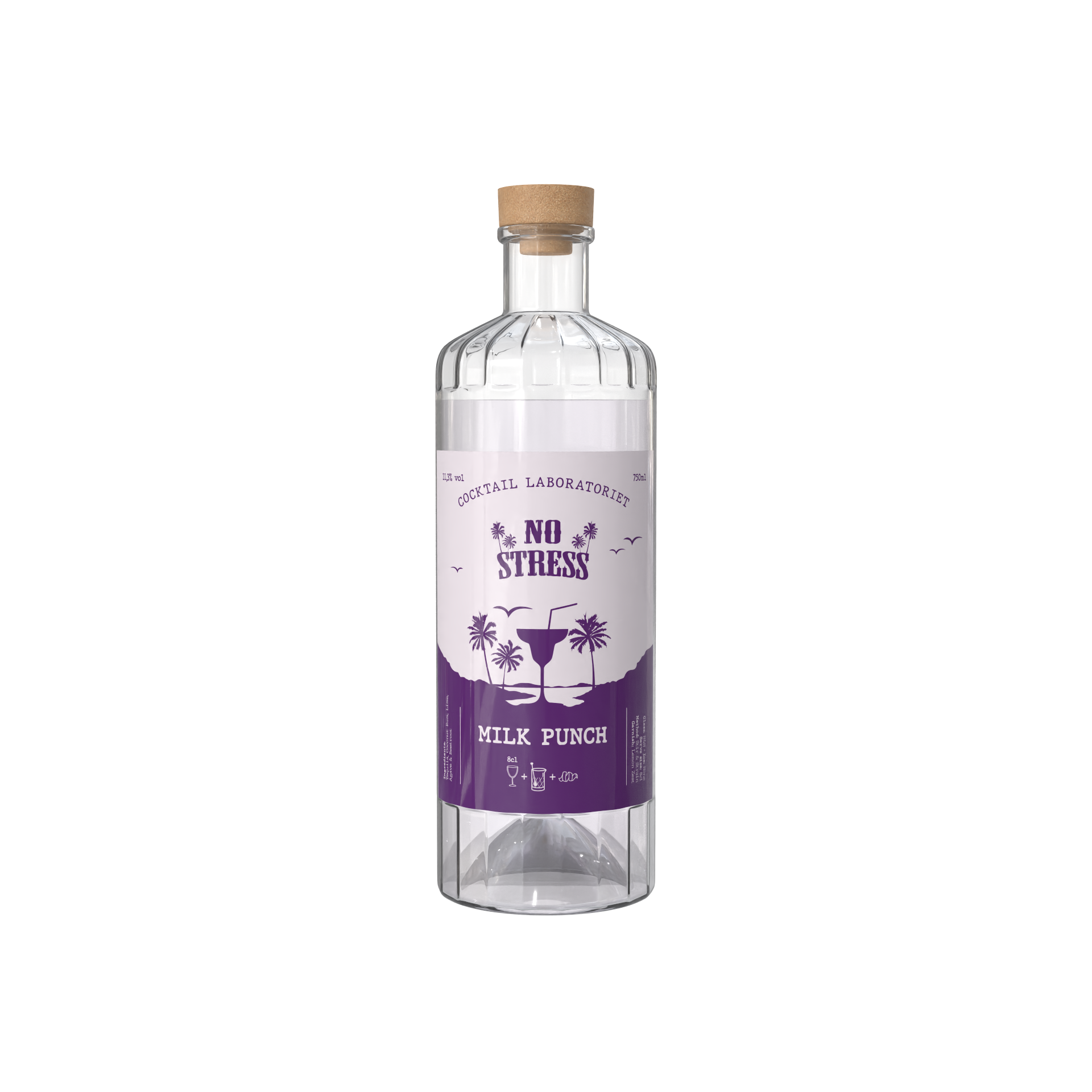 A clear plastic bottle labeled 'No Stress Milk Punch' with a cocktail illustration, palm trees, and a sunset in purple and white colors.