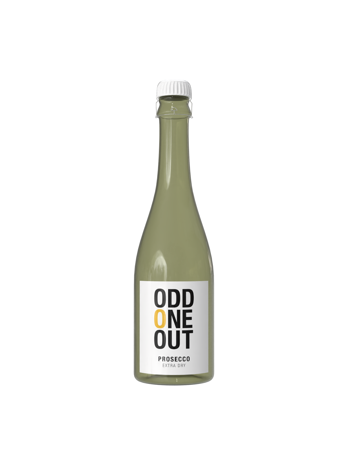 A bottle of Odd One Out Prosecco Extra Dry with a white cap and greenish glass.