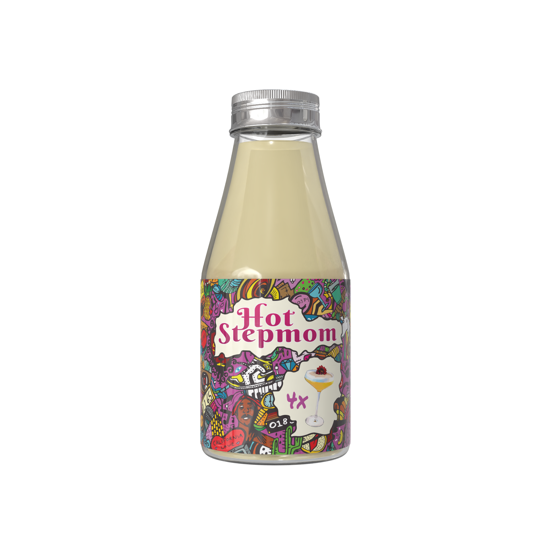 A clear glass bottle with a screw cap containing a yellowish liquid, featuring a colorful label with illustrations and the text 'Hot Steppmom'.
