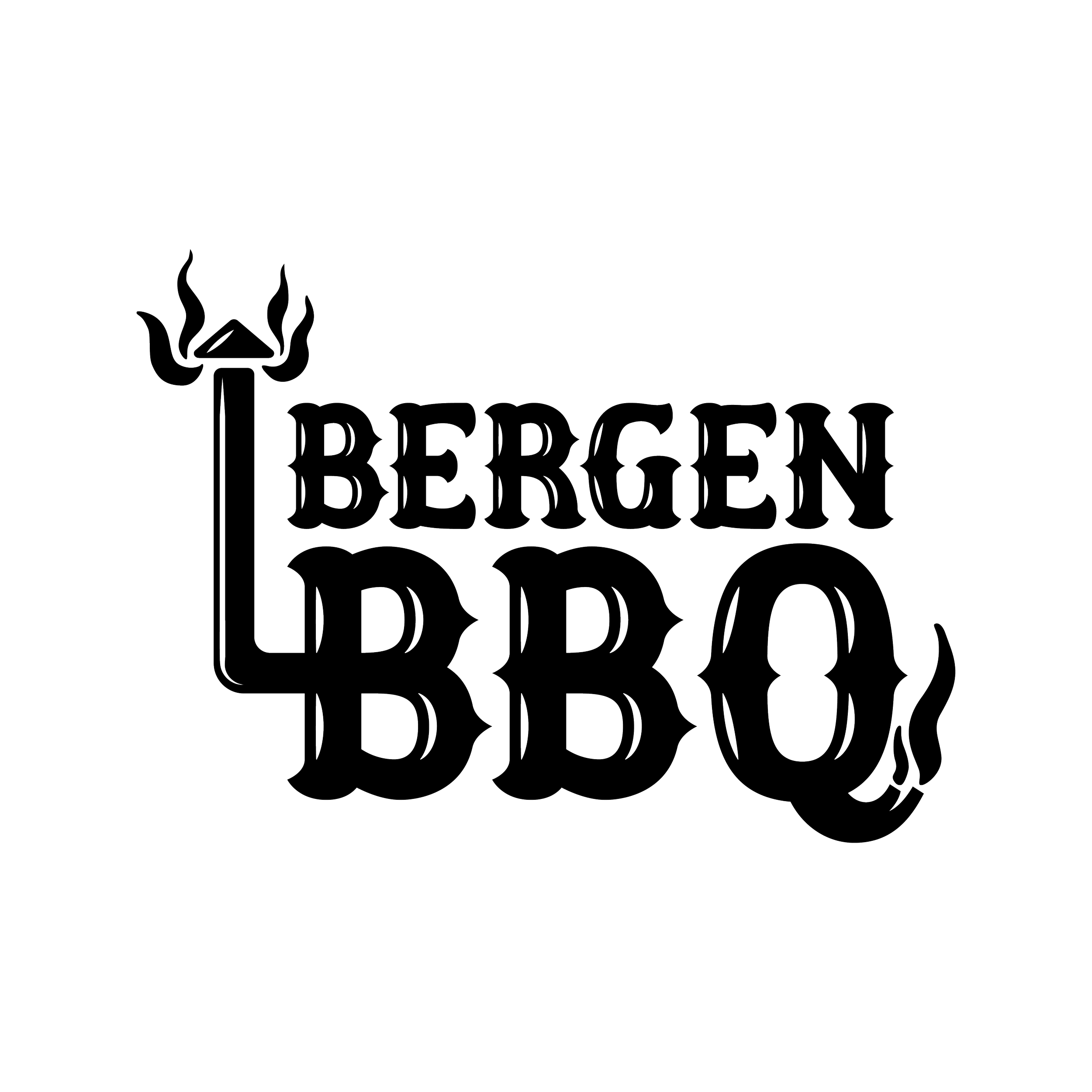 Logo for Bergen BB Que featuring stylized black letters with flames and cow horns.