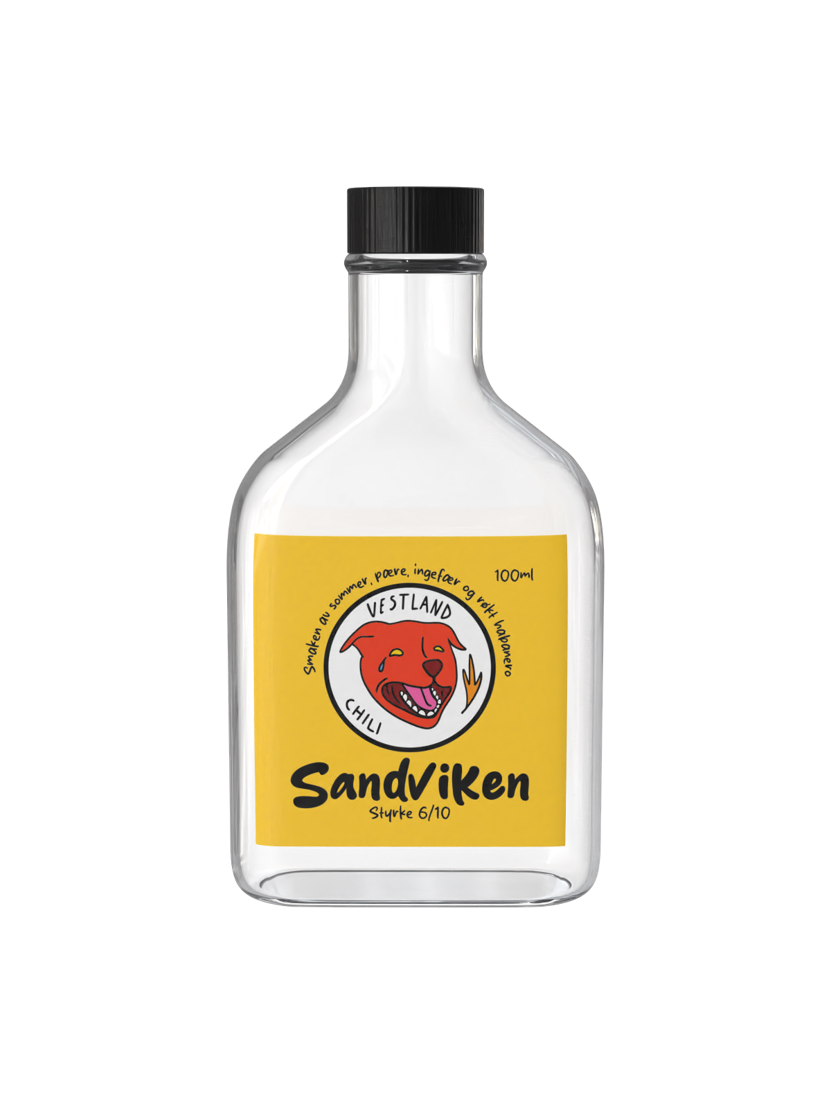 A clear glass bottle with a black cap, featuring a yellow label with a red dog cartoon, black text, and a white circle with black border, displaying the words "VESTLAND CHILI Sandviken" and a rating of "6/10."