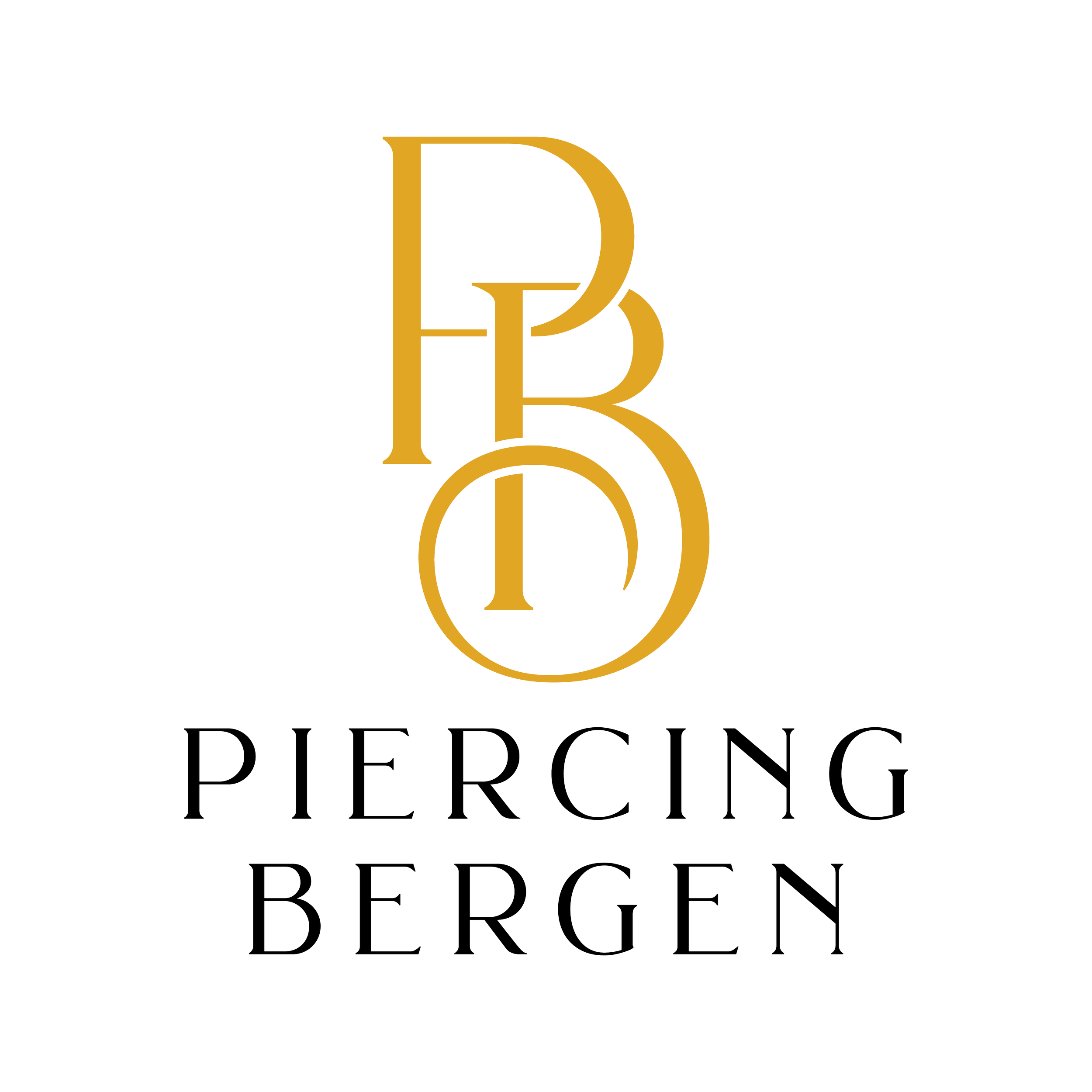 Logo with intertwined gold letters 'FB' and the words 'Piercing Bergen' beneath in black and white.