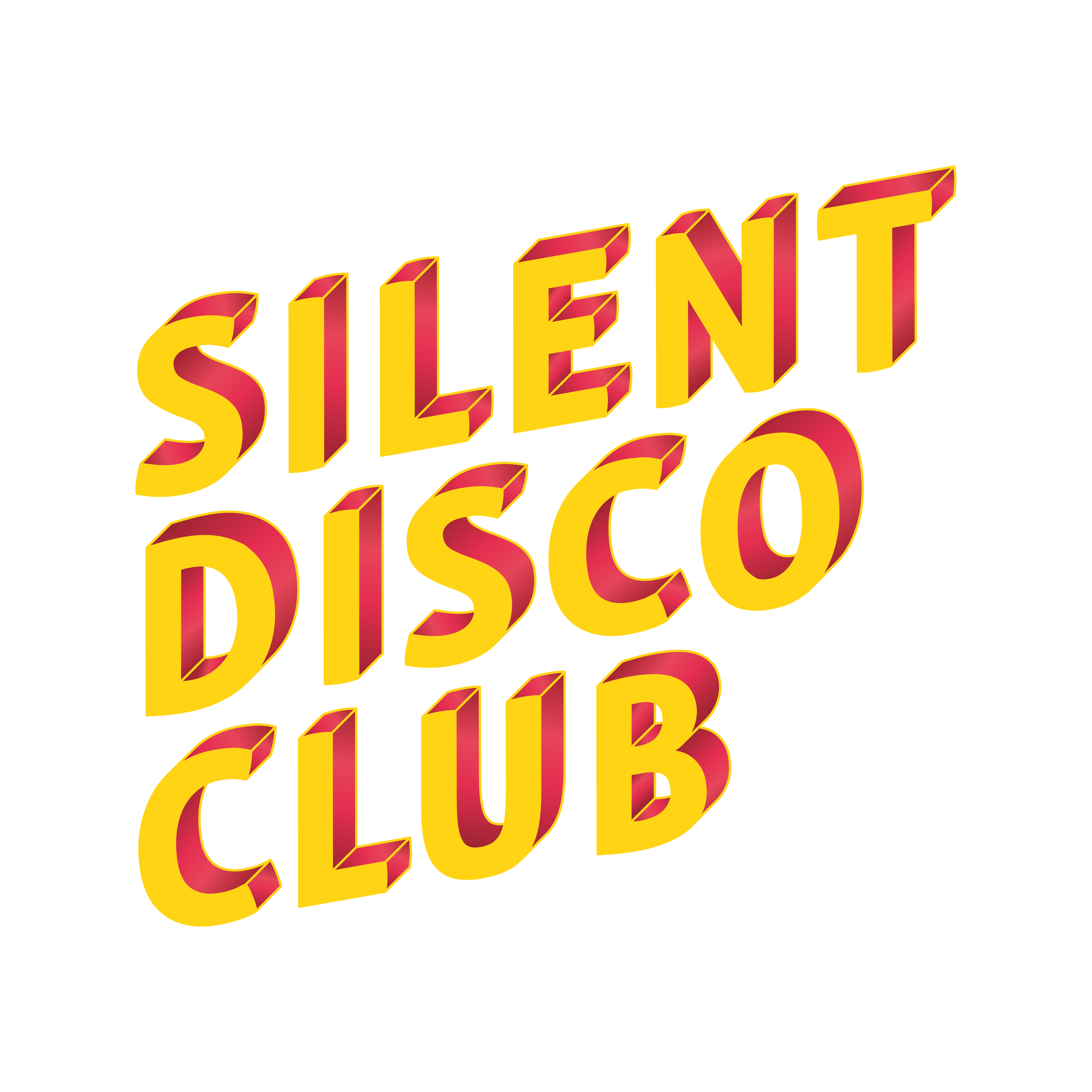 3D-style logo reading "Silent Disco Club" in yellow and red letters with a black and white background.