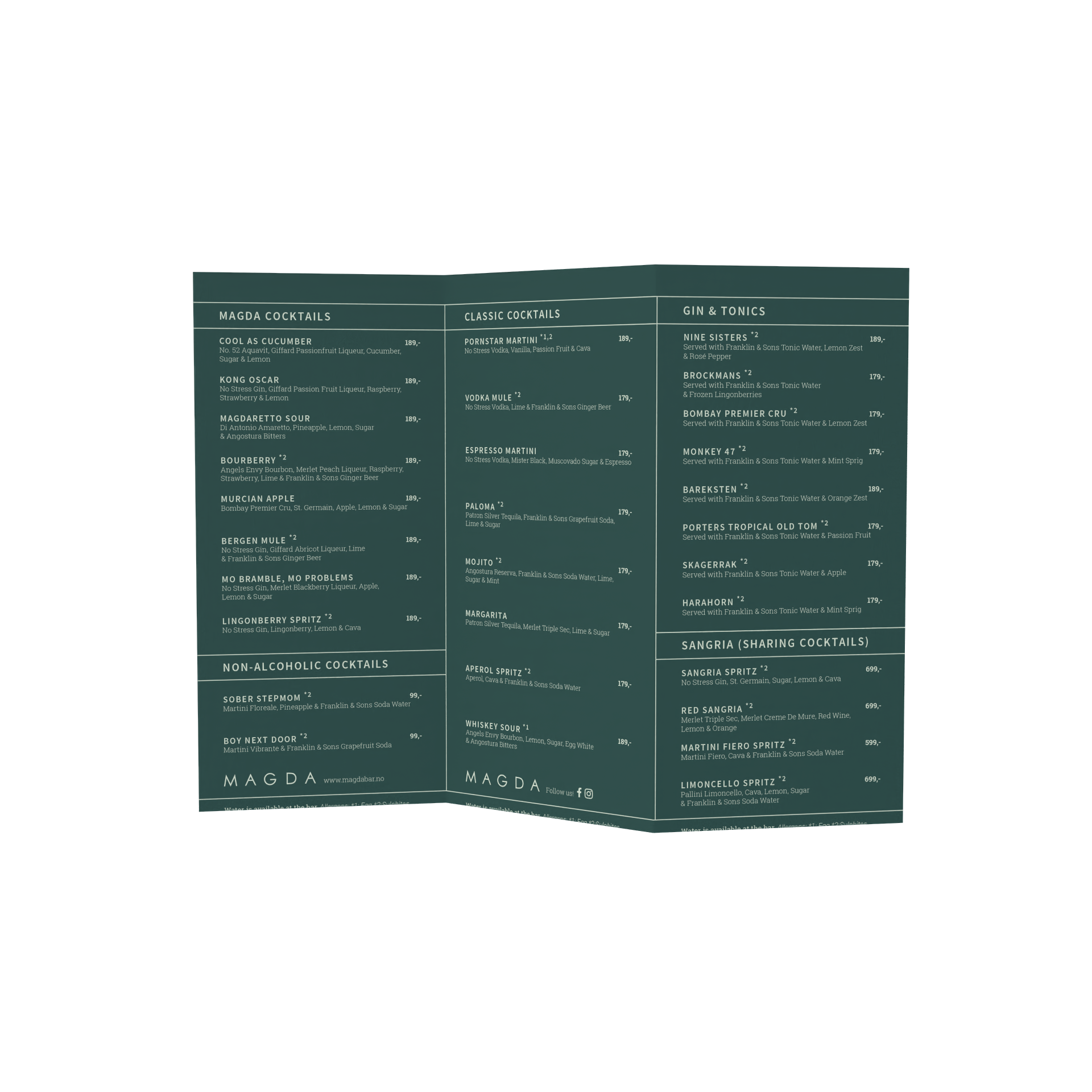 A three-panel cocktail menu with various drink options and prices, including categories for magda cocktails, classic cocktails, gin & tonics, non-alcoholic cocktails, and sharing cocktails.