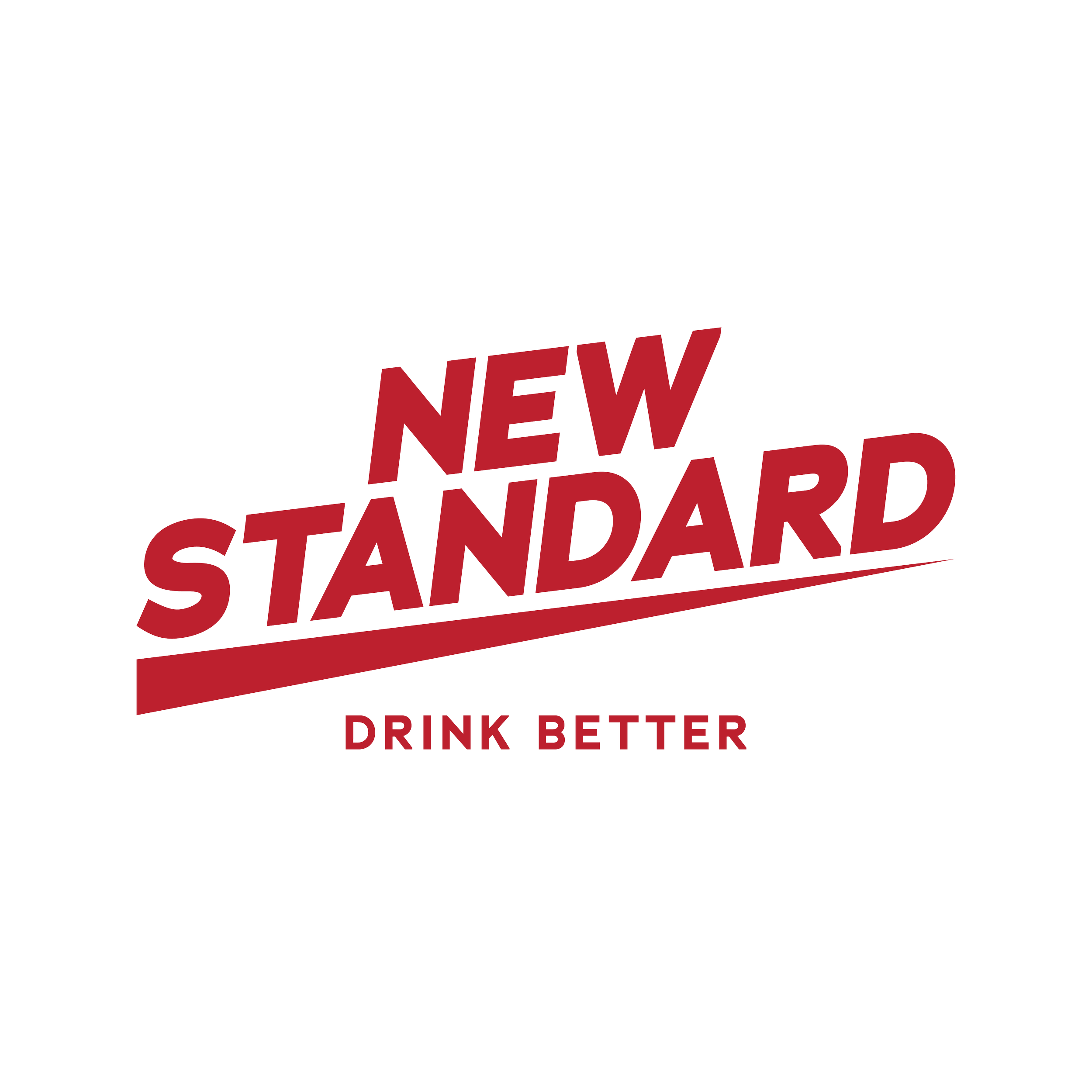 A logo featuring the text 'New Standard' in bold red letters with a slanted underline and 'Drink Better' underneath in smaller red font.