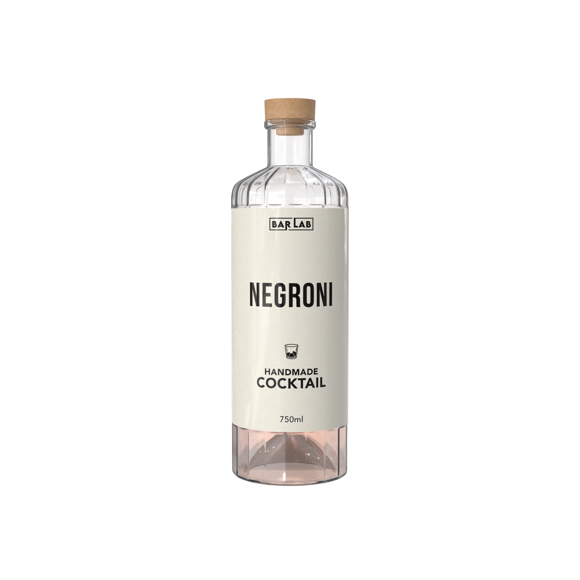 A clear glass bottle labeled 'Negroni Handmade Cocktail' with a cork stopper, containing a pink liquid and a capacity of 750ml.