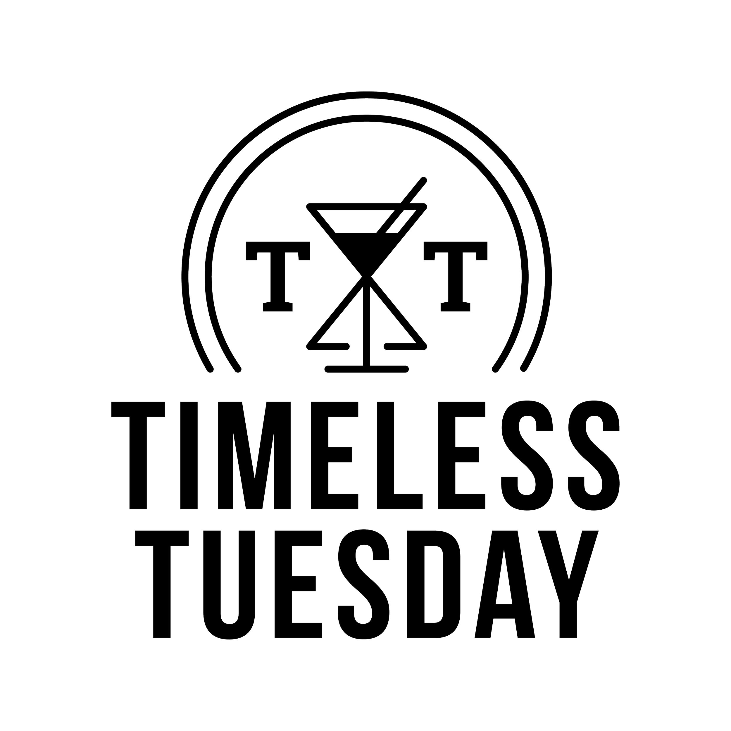 A neon sign with a martini glass, a cocktail stirrer, and the letters T T, with the words 'TIMELESS TUESDAY' written below.