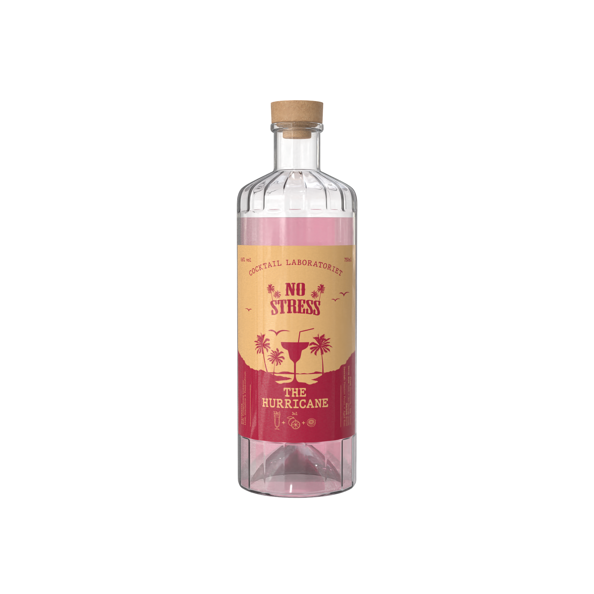 A clear bottle with a cork stopper containing pink liquid, labeled 'No Stress' cocktail with a tropical beach scene and palm trees, titled 'The Hurricane'.