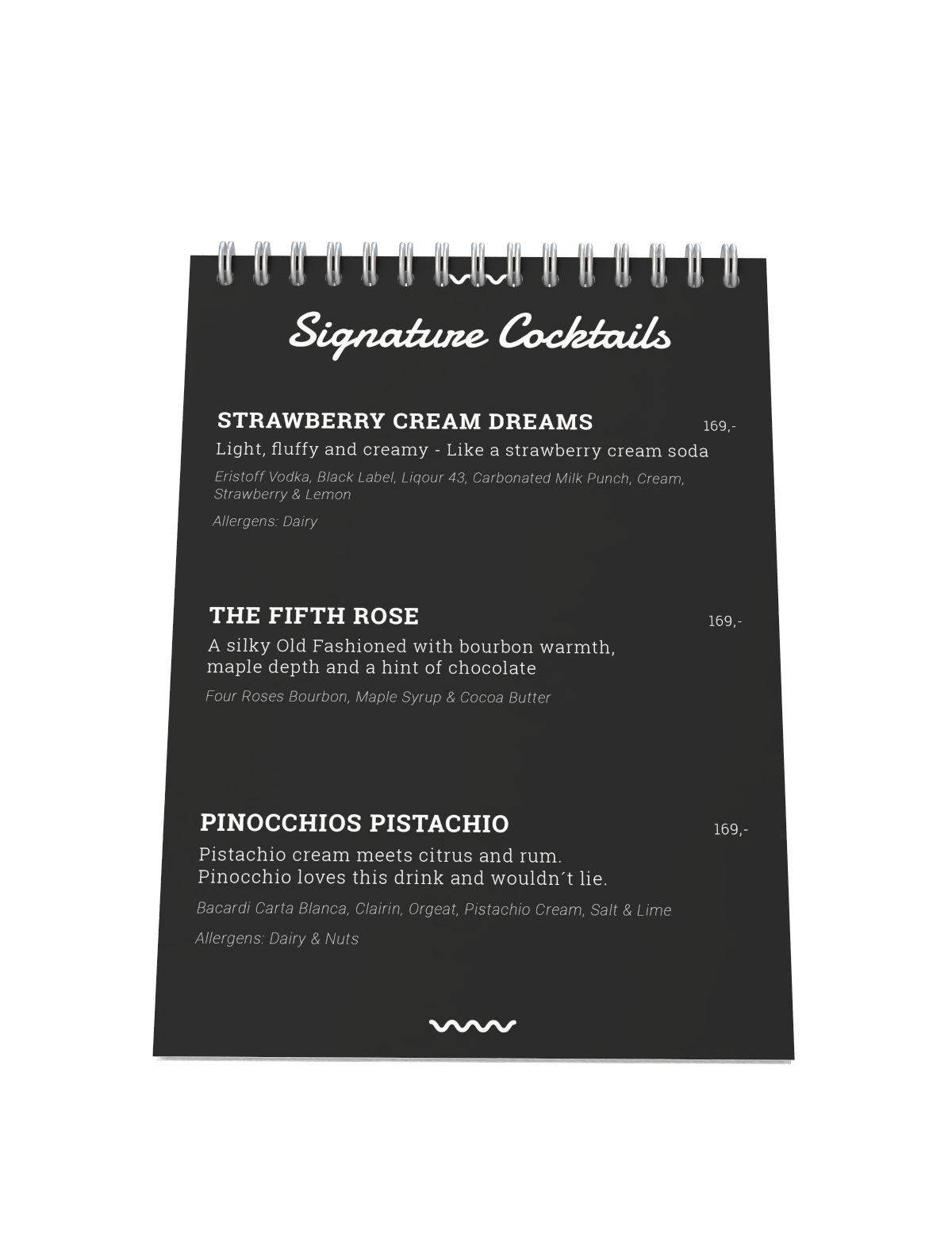 Black menu board titled 'Signature Cocktails' listing three drinks: Strawberry Cream Dreams, The Fifth Rose, and Pinocchio's Pistachio, with descriptions and prices, against a black background.