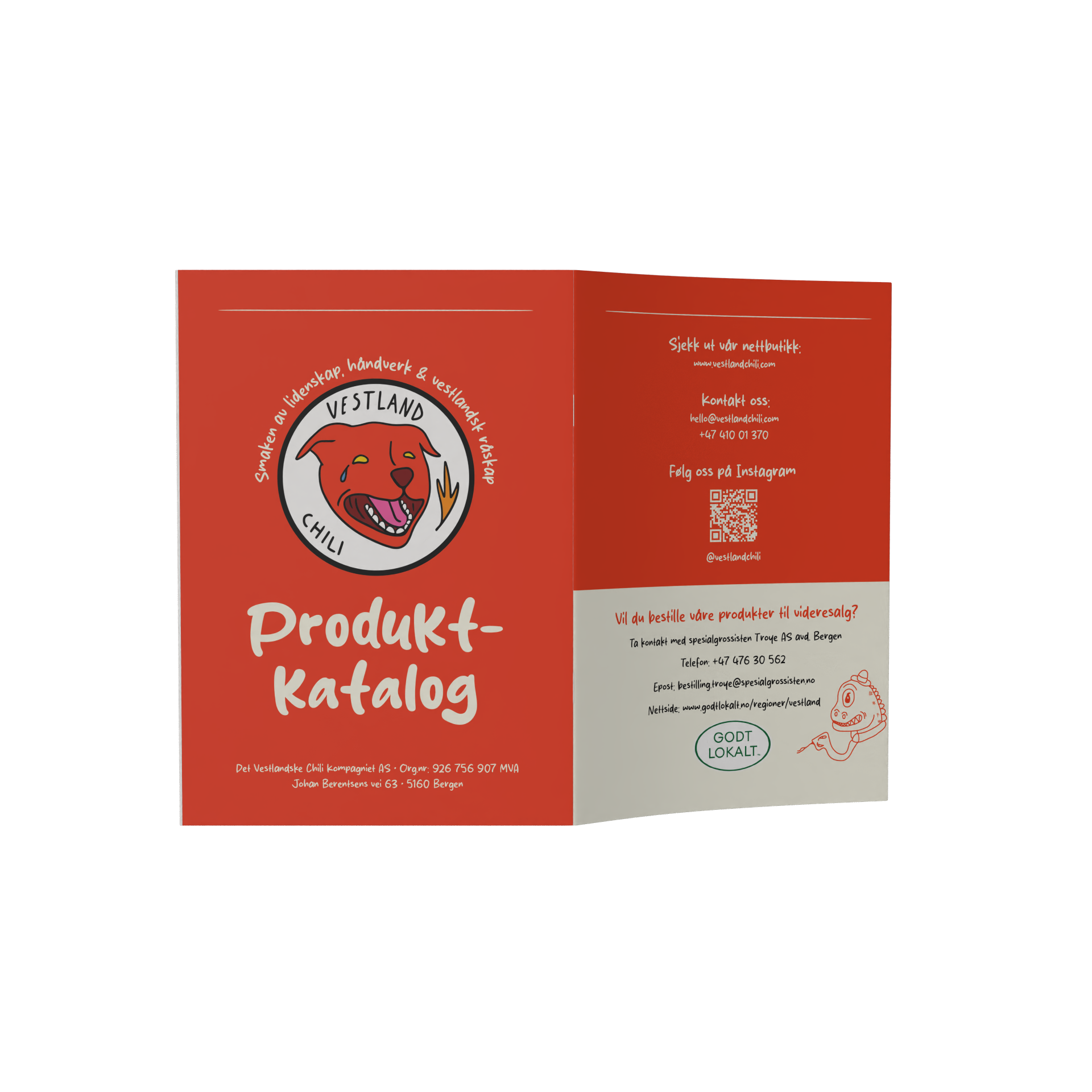 Open product catalog booklet for Vestland Chili, featuring a red cover with a cartoon dog logo and text in Norwegian.