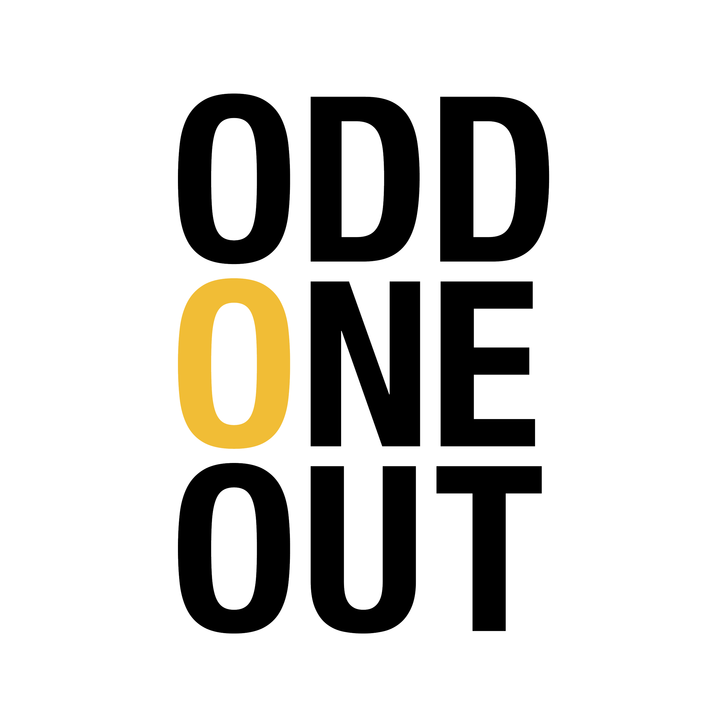 Text graphic with the words 'Odd One Out' arranged vertically, with the 'O' in yellow and the rest in black.