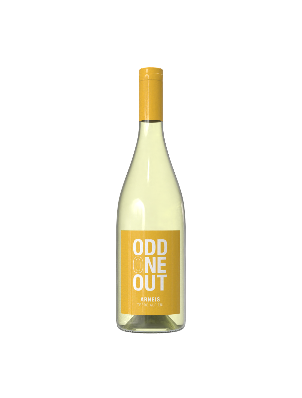 A bottle of white wine with a yellow cap and label reading 'Odd One Out Arneis Terre Alfieri'