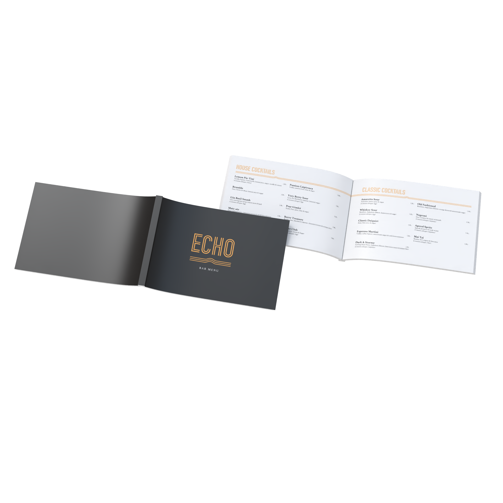 Open bar menu titled 'ECHO' with sections for cocktails and drinks inside.