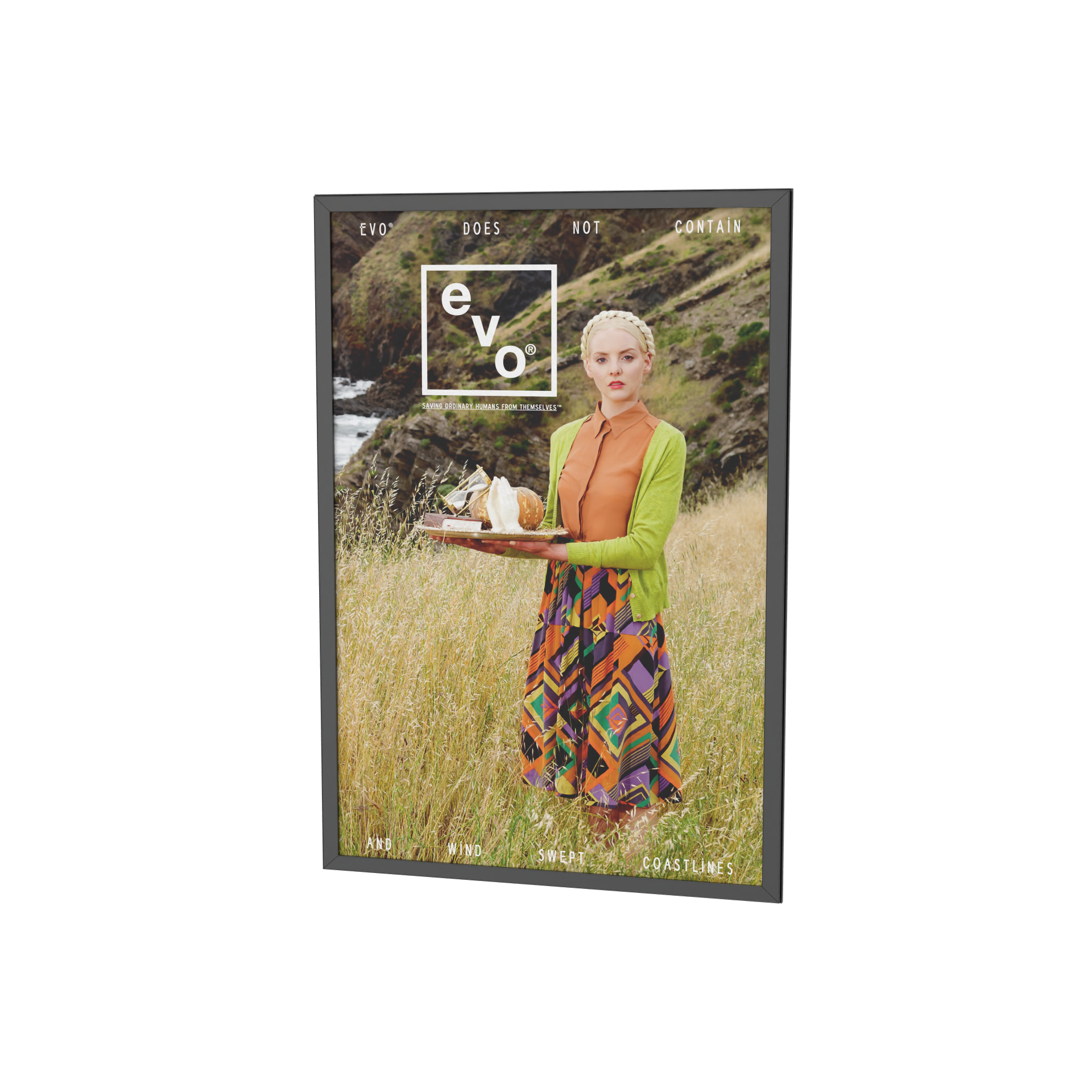 A woman with blond hair dressed in a colorful patterned skirt and a brown top with a green cardigan, standing outdoors in a grassy landscape with hills and a river behind her, holding a tray with bread and food.