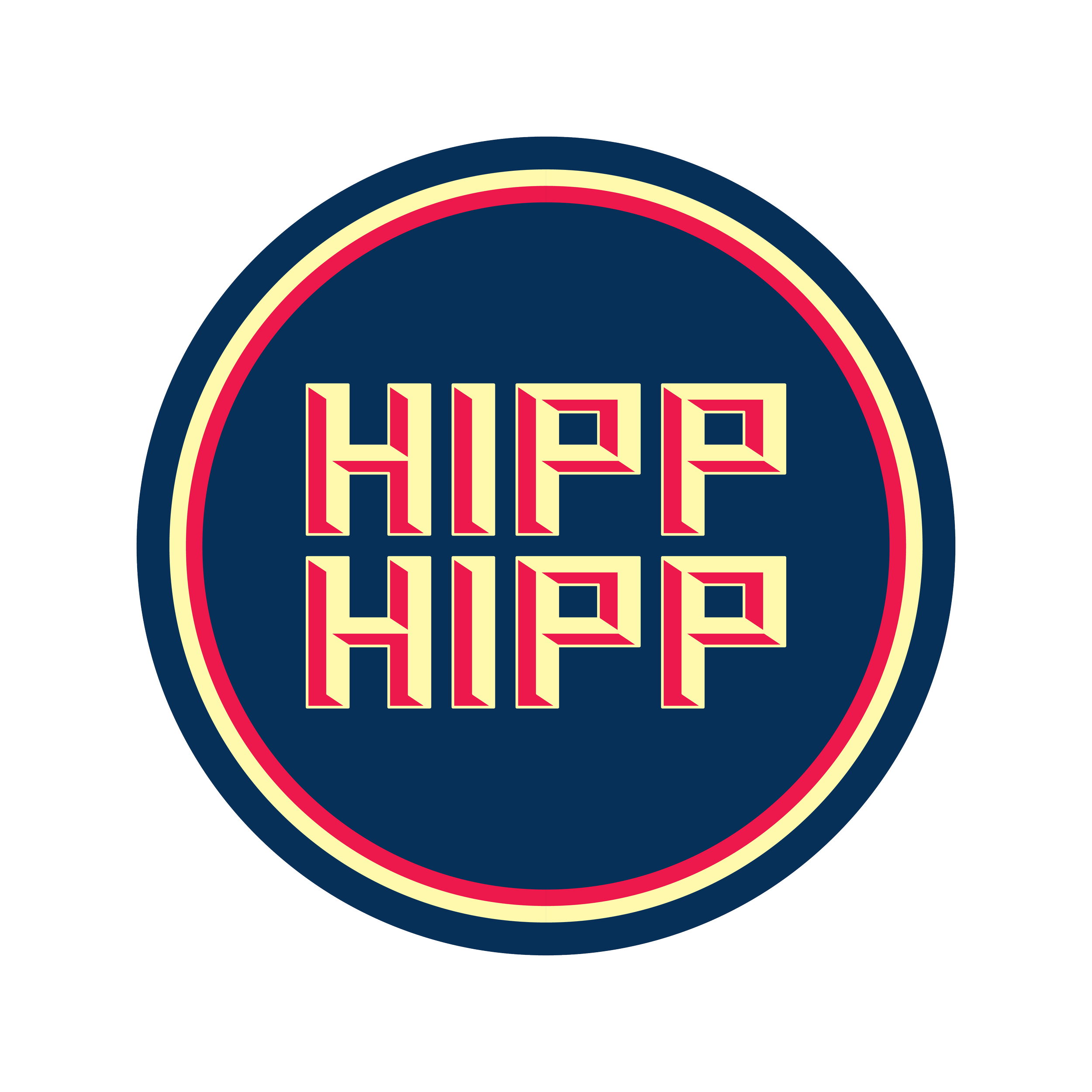A circular logo with a navy blue background and white, red, and beige borders. The words 'HIPP HIPP' are written in a pixelated font in the center of the logo in beige with red shadowing.