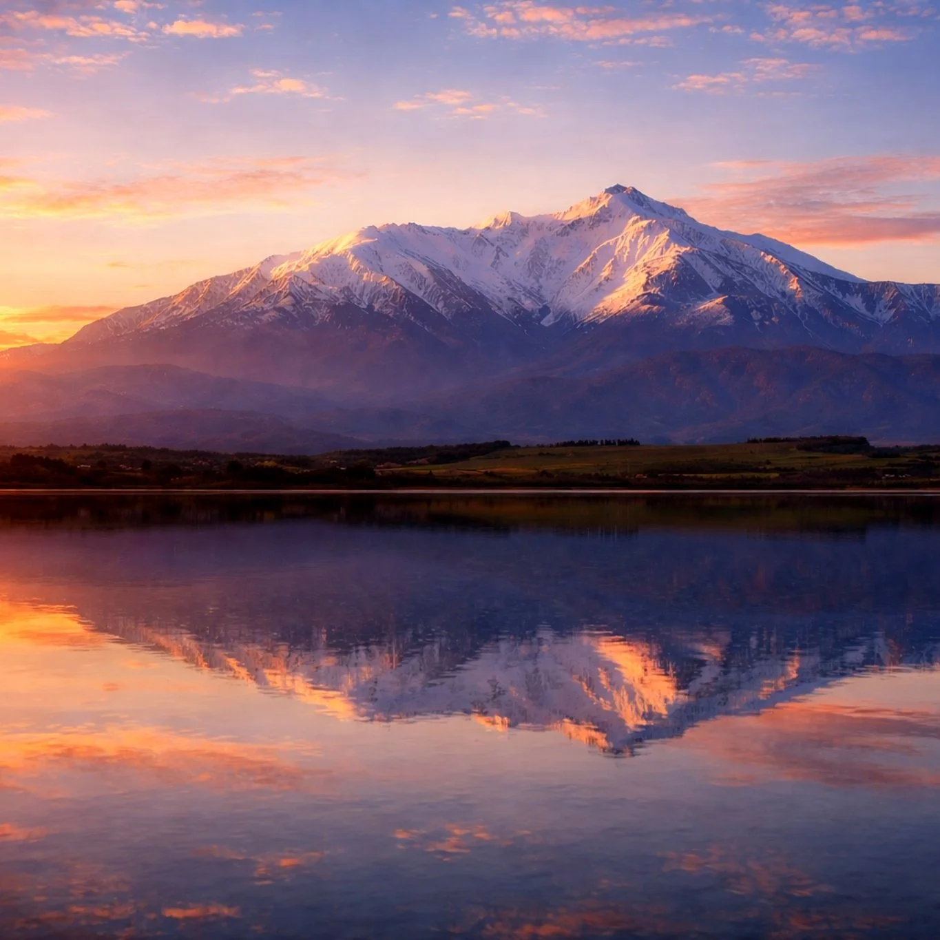 Mont Canigo enneigé reflété dans un lac, au coucher du soleil, ciel coloré en orange, rose et violet.
