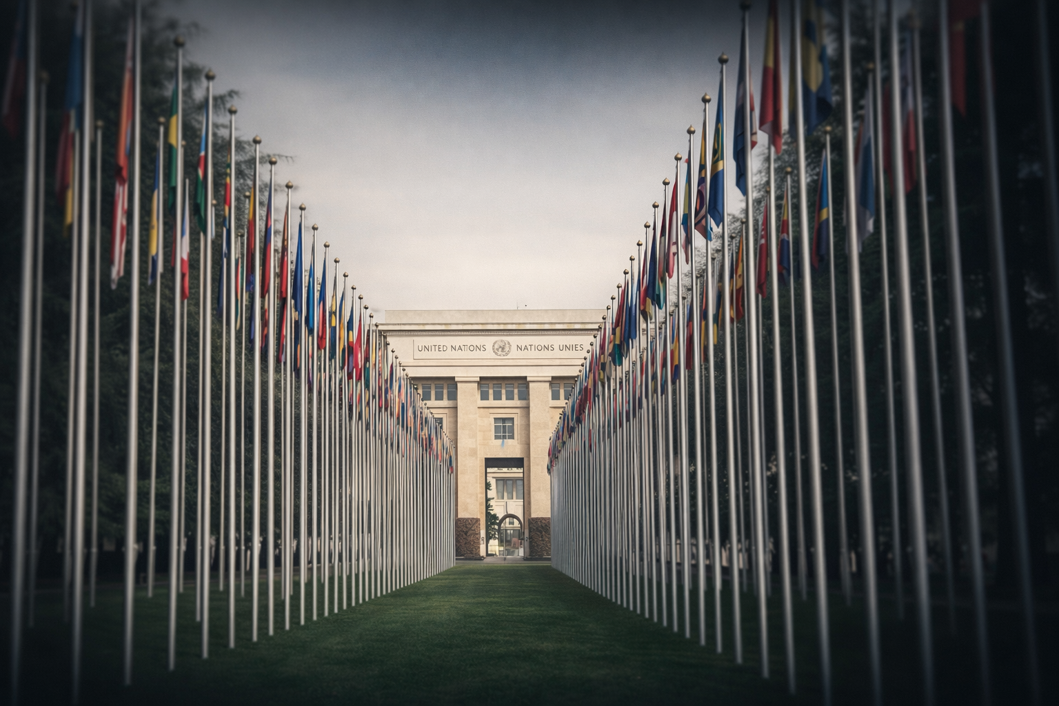 Une allée bordée de drapeaux de différents pays mène au bâtiment principal des Nations Unies à Genève, avec l'inscription 'UNITED NATIONS' sur la façade.