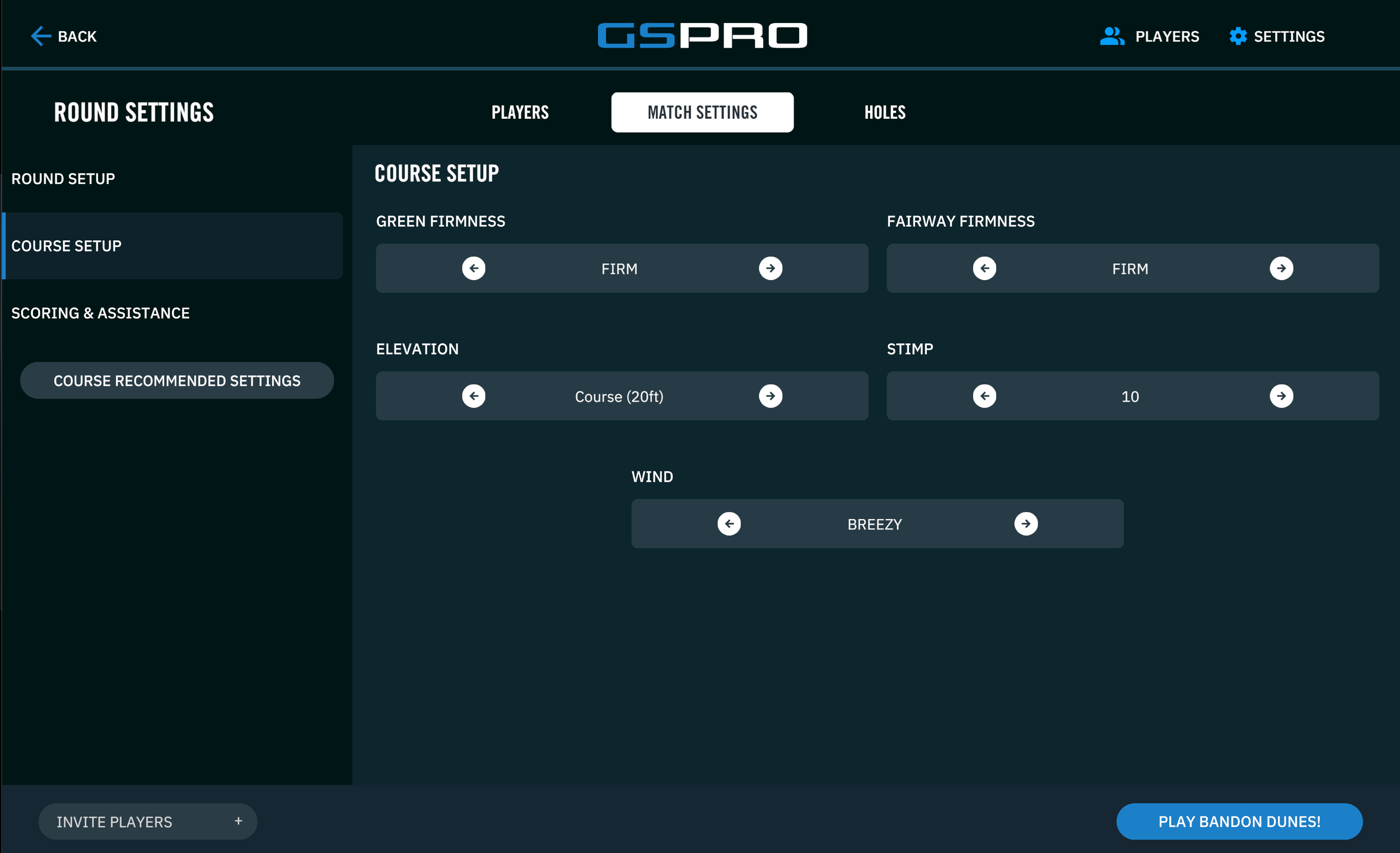 GSPro simulator settings allow golfers to adjust wind, elevation, green speed, fairway firmness, and other course conditions.
