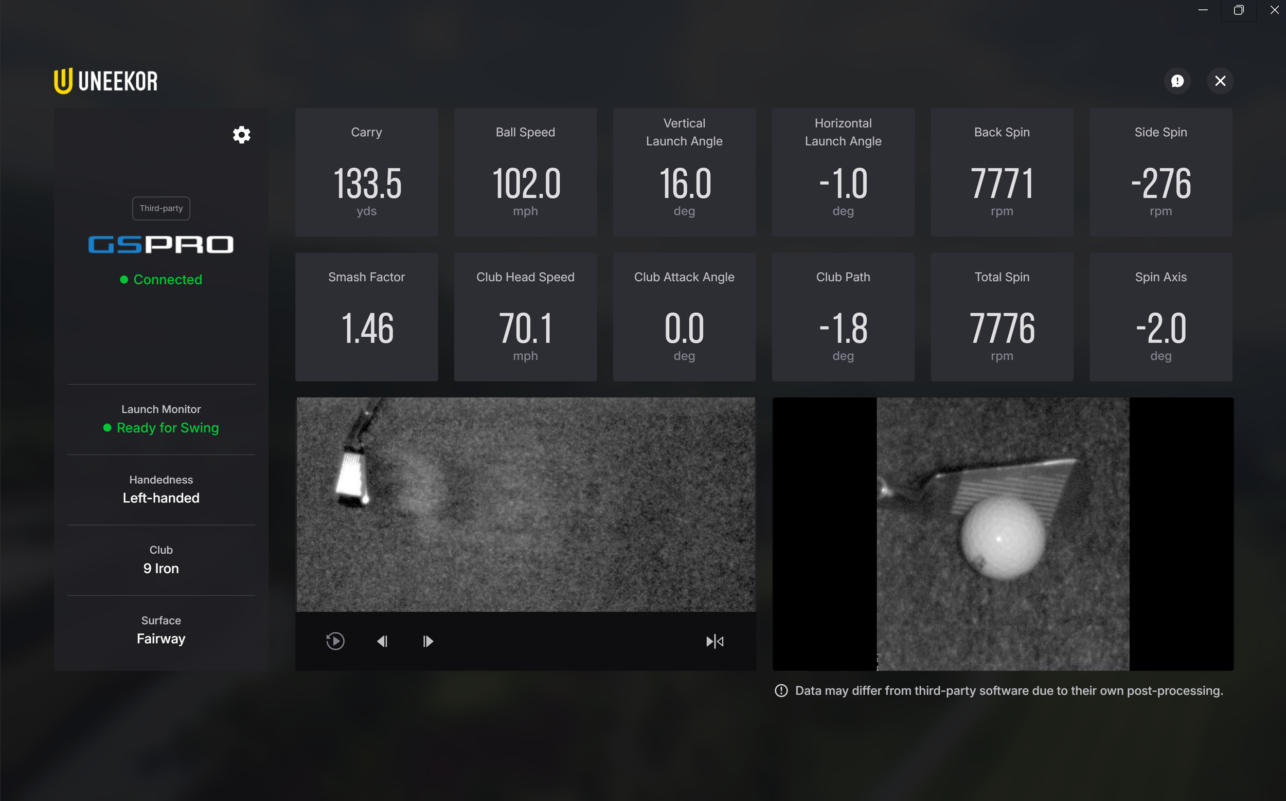 The Uneekor Eye XO launch monitor displays real-time golf swing data, slow-motion impact replay, and club face strike location after a shot.
