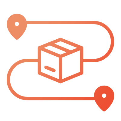Icon of a parcel or box with a route connecting two location markers.