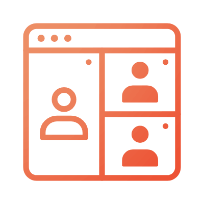 Icon of a video conferencing interface with three participants, one large on the left and two smaller on the right.