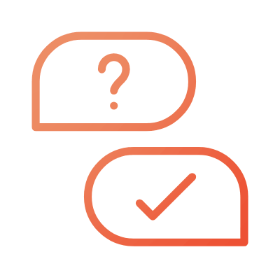 Two chat bubbles, one with a question mark and the other with a checkmark.
