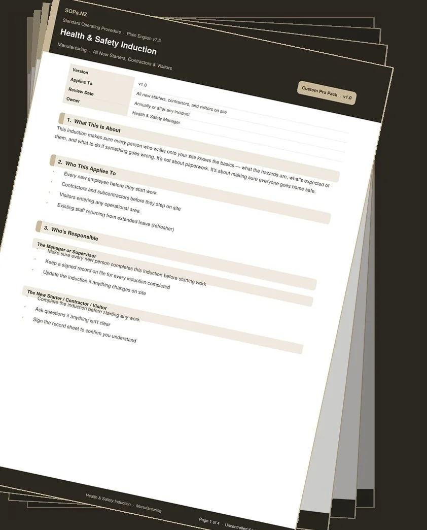 SOPs.NZ plain English Health and Safety Induction SOP document stack for NZ manufacturing businesses - written for new starters, contractors, and visitors