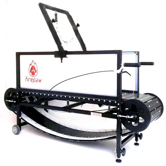 A FirePaw pet treadmill with a white running belt, black frame, and a digital display, designed for pets to walk or run.