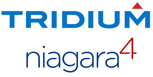Logo of Tridium Niagara 4 with the word 'TRIDIUM' in blue uppercase letters, a small red triangle above the letter 'I', and 'niagara 4' written below in lowercase, with the number 4 in red.
