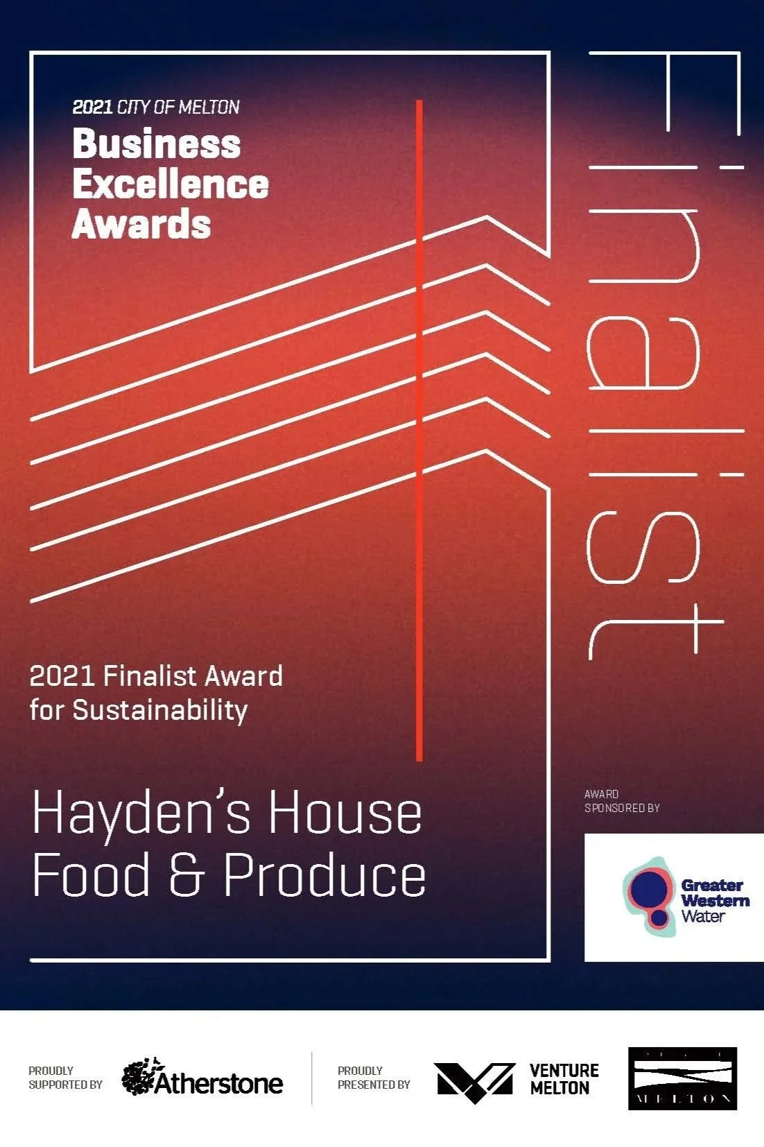 Poster for the 2021 City of Melton Business Excellence Awards, highlighting Hayden's House Food & Produce as a finalist for sustainability, with logos of sponsors and supporters.