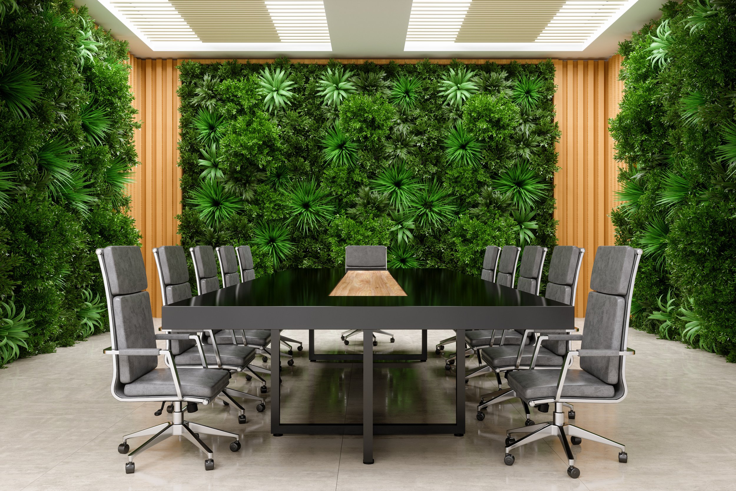 Living green wall in super modern high energy fast pace corporate office interior space