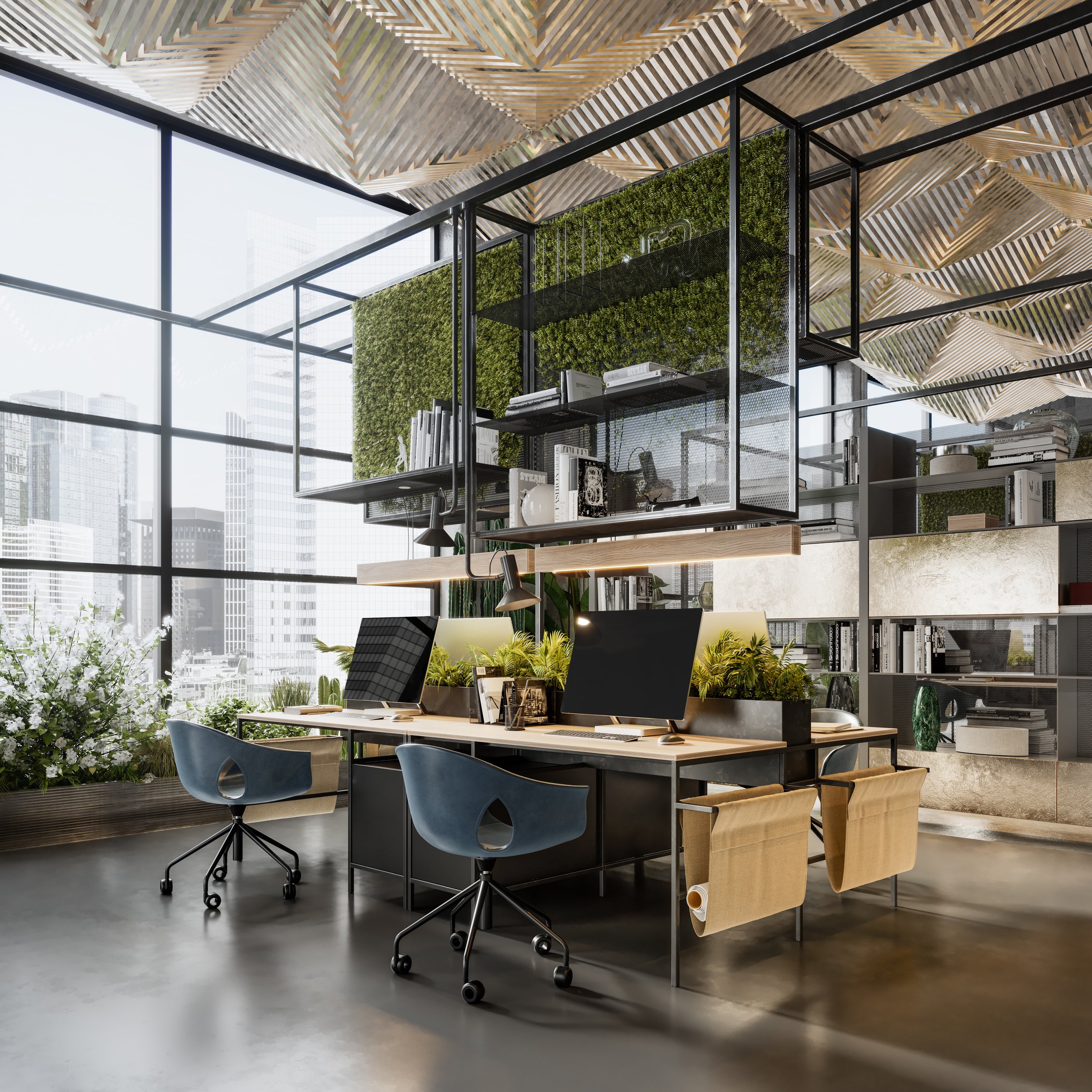 Indoor flower power plants creation in a commercial open space work environment