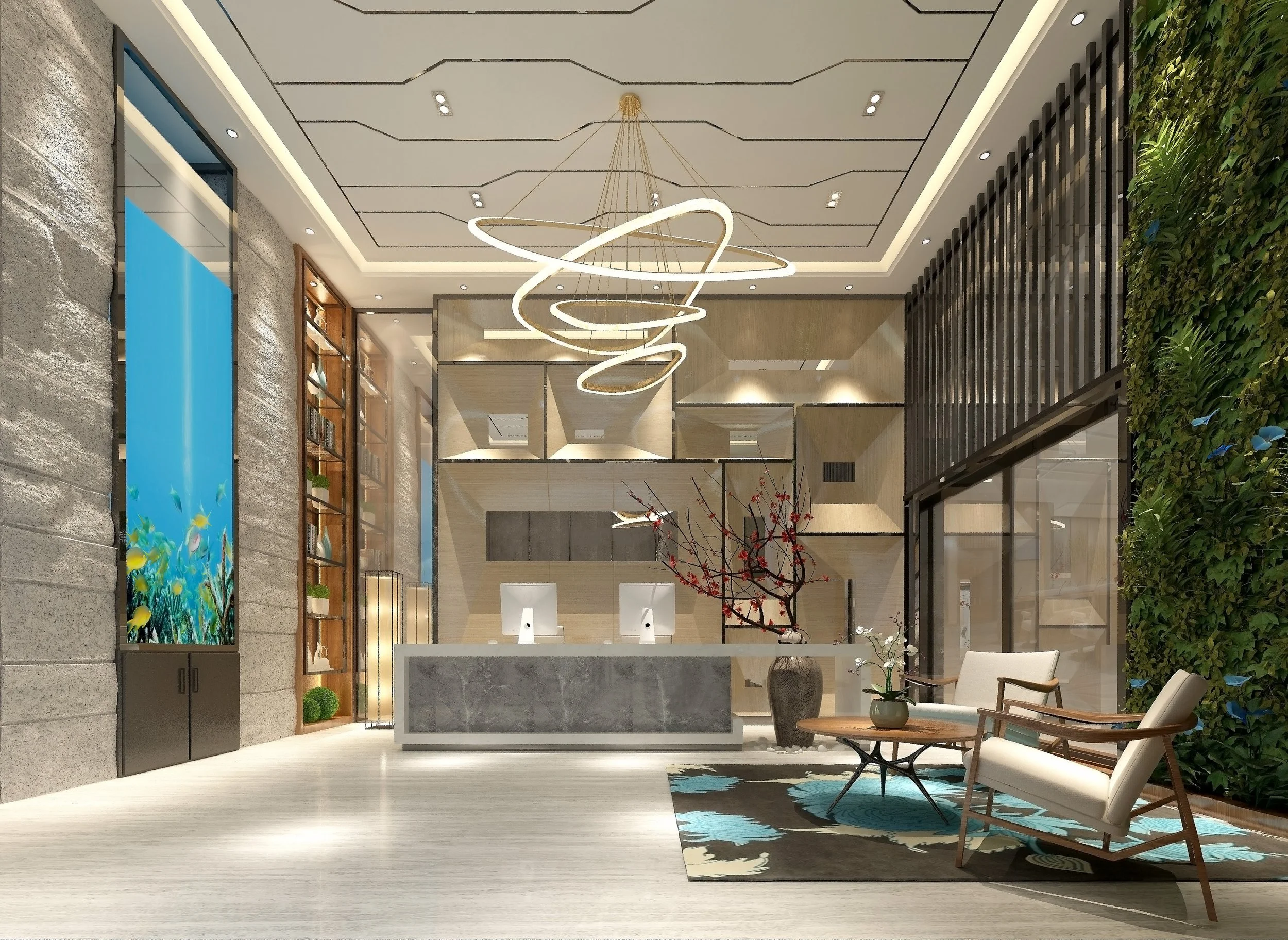 Preserved botanical arrangement in a hotel entrance space high end floral green wall installation