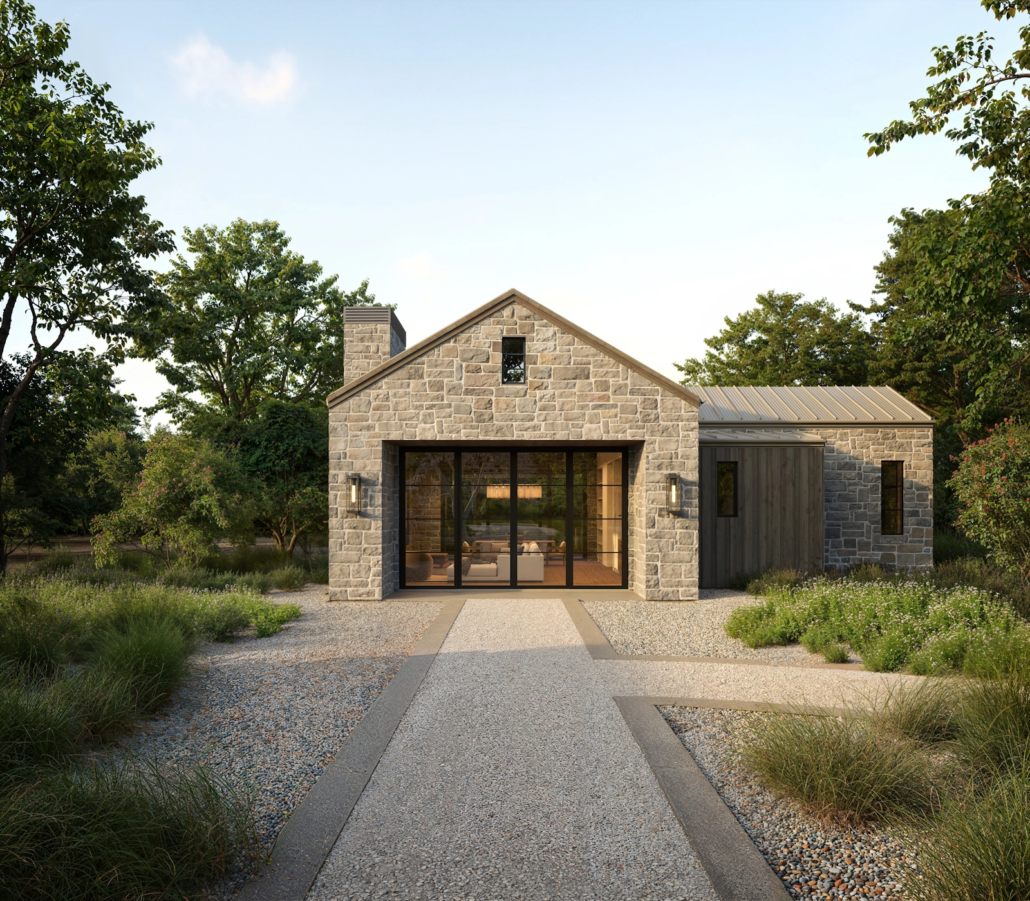 Modern house made of stone and wood with a pathway leading to large glass doors, surrounded by greenery.