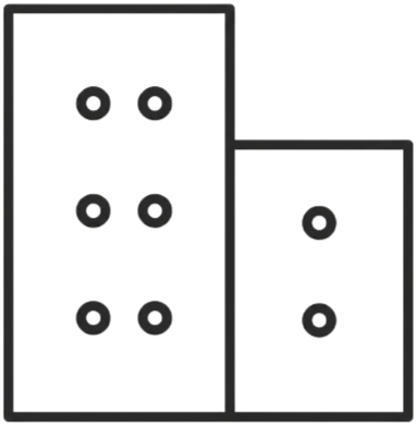 Drawing of two vertical rectangular objects, one larger with six holes arranged in three pairs, and one smaller with two holes, resembling domino tiles.