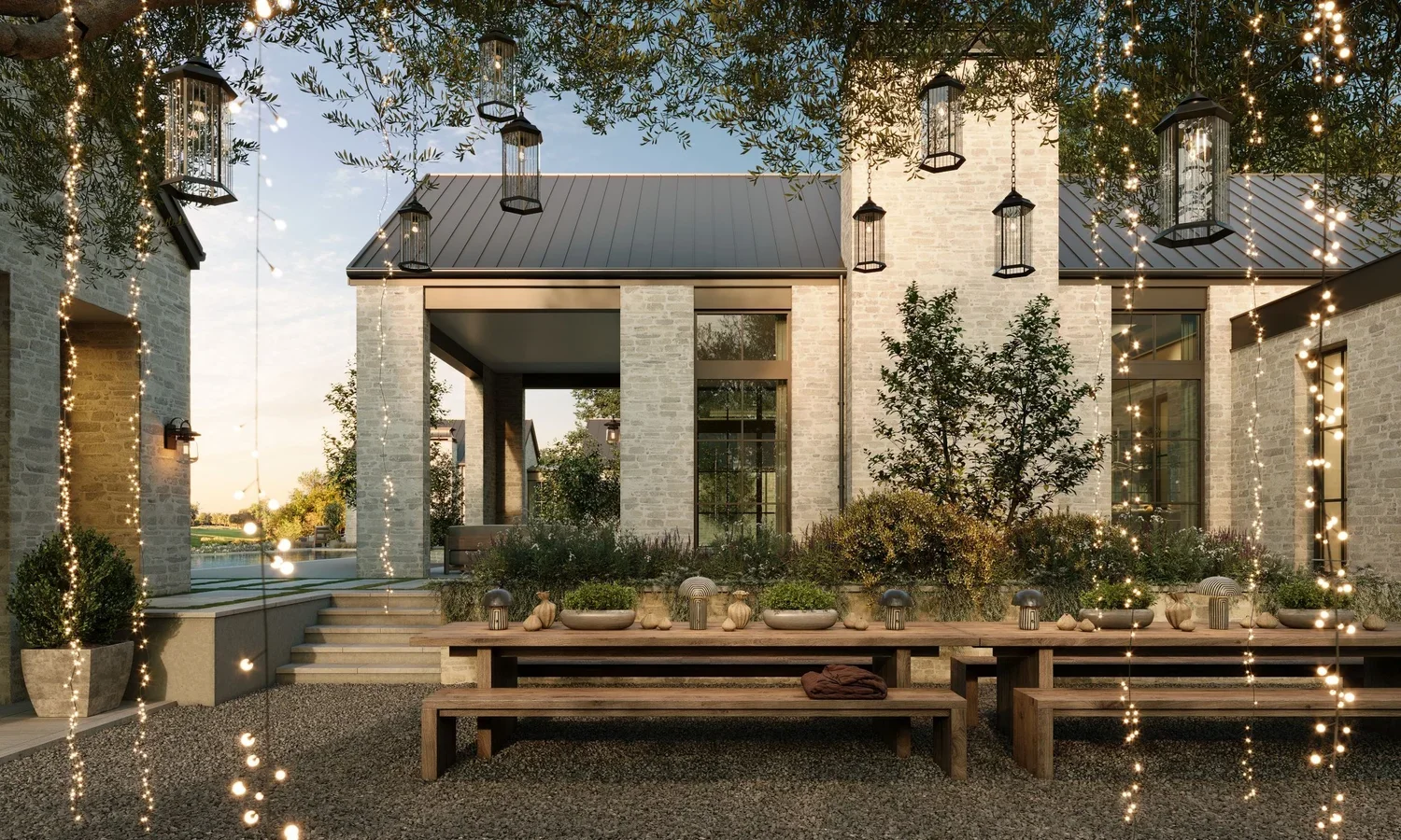 Exterior of a modern house during evening with string lights hanging from trees, lantern-style lights, a stone pathway, and a wooden bench with potted plants and decorative objects.