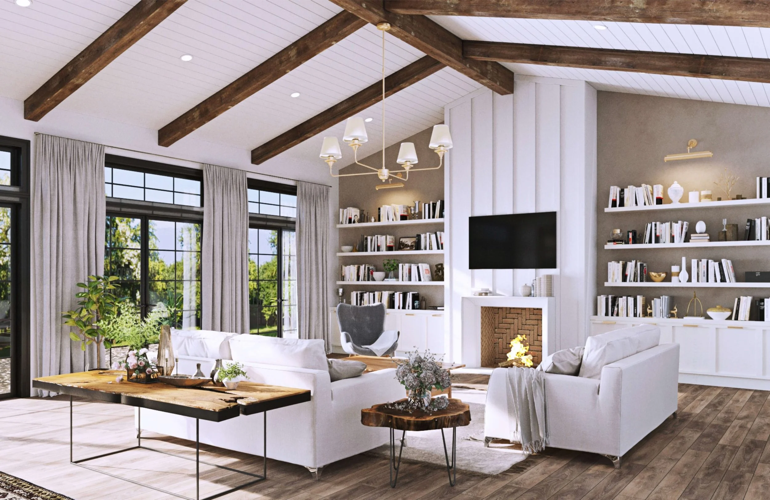 A spacious living room with large windows, white sofas, and a wooden coffee table decorated with flowers. The room features white built-in bookshelves, a fireplace, and a modern chandelier. The ceiling has exposed wooden beams.