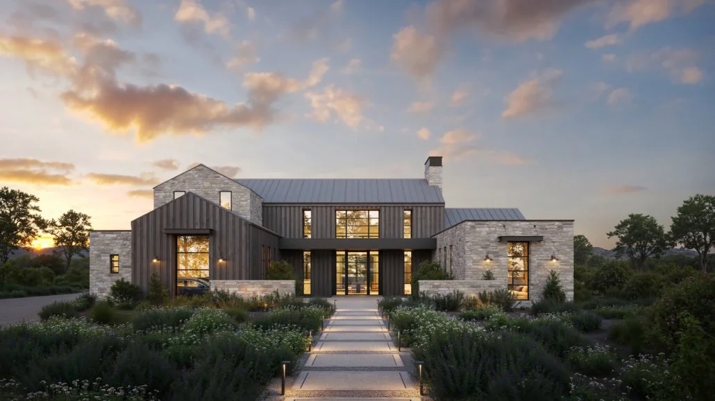 Modern house with stone and wood exterior, large windows, surrounded by garden, during sunset.